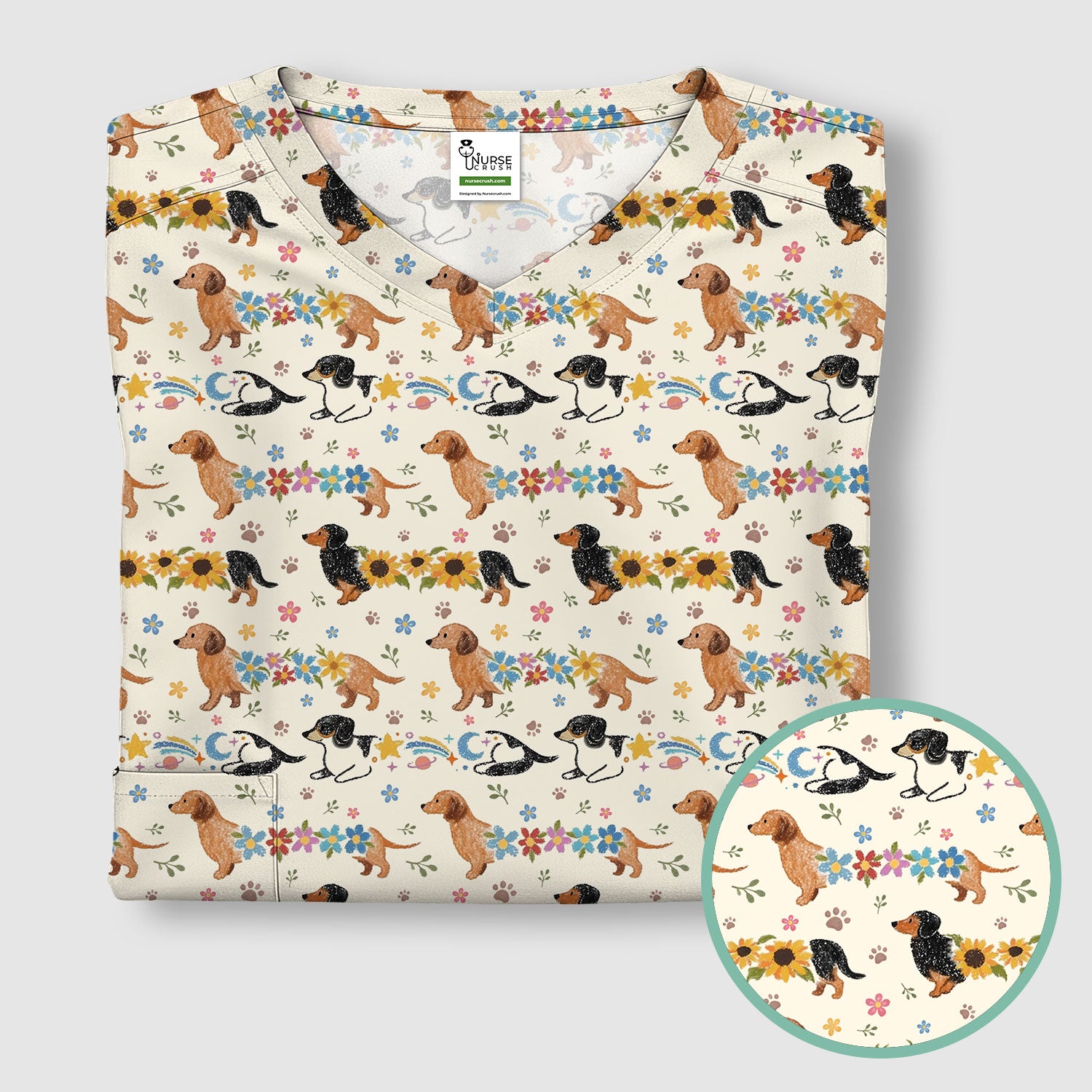 Floral Wiener Dog Pattern Scrub Top, Medical Scrubs for Nurses