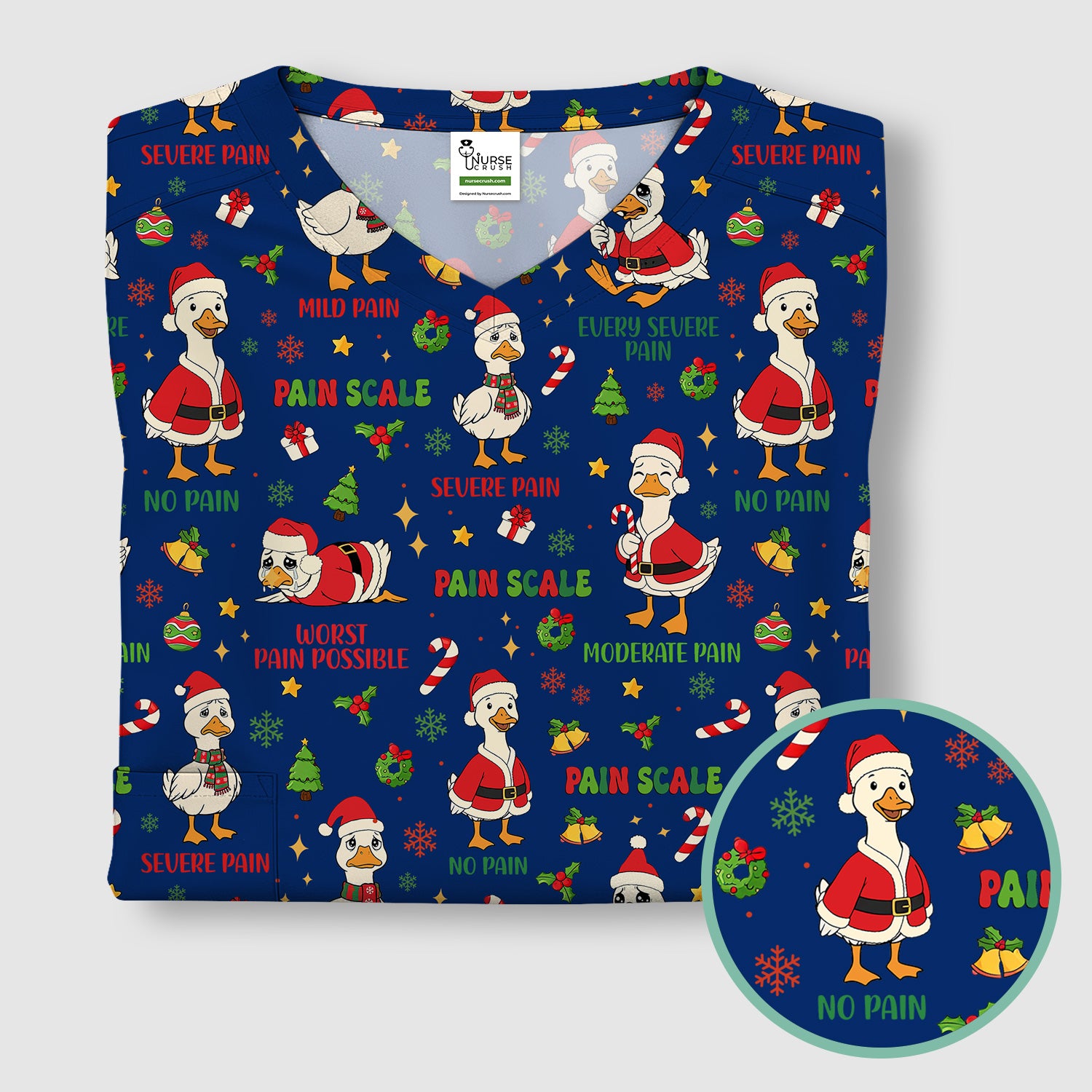 Funny Goose Christmas Scrub Set - Pain Scale Scrubs Pants and V Neck Top - Cute Holiday Medical Uniform for Women