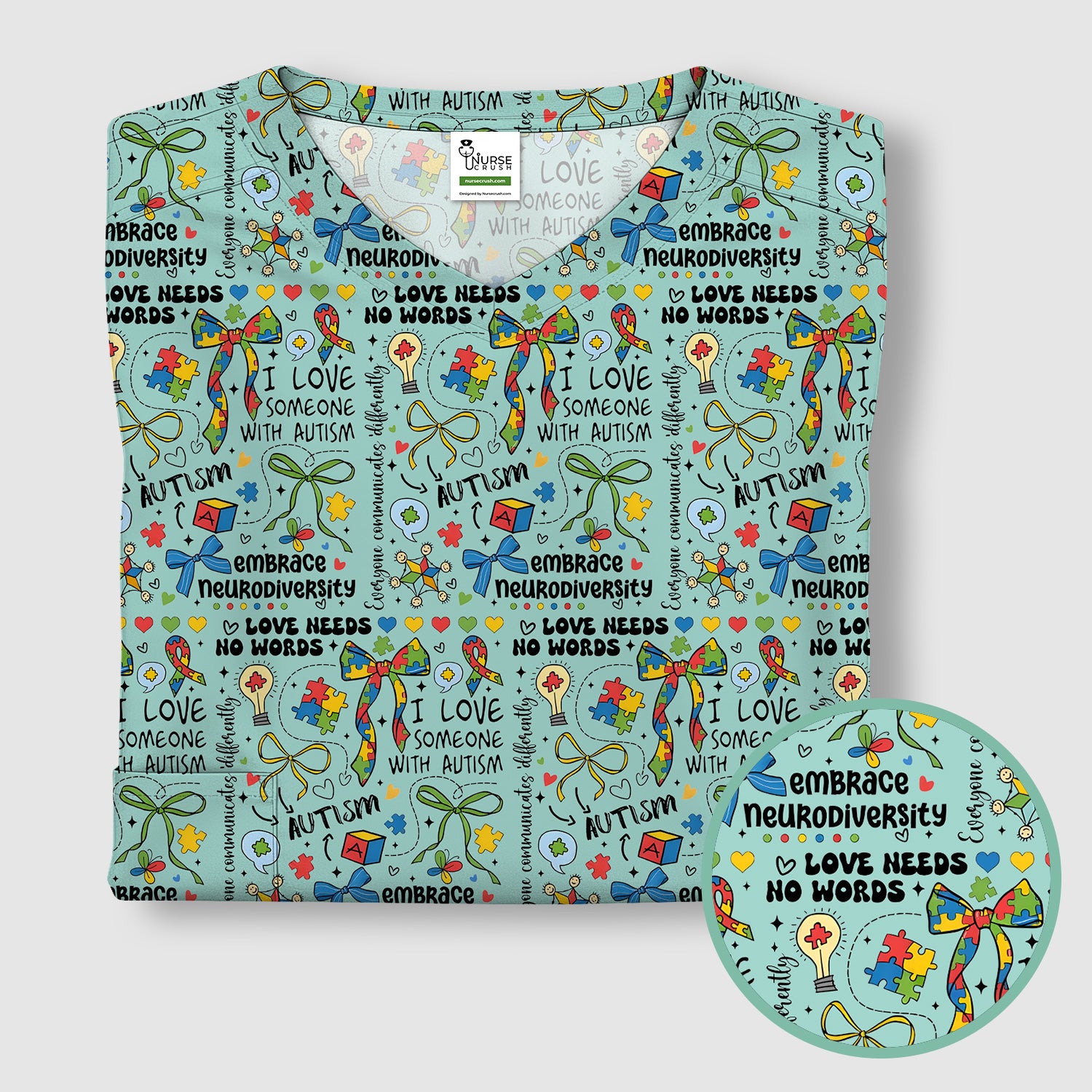 Autism Awareness Puzzle Ribbon Pattern Scrub Top, Breathable Fabrics Nursing Uniform