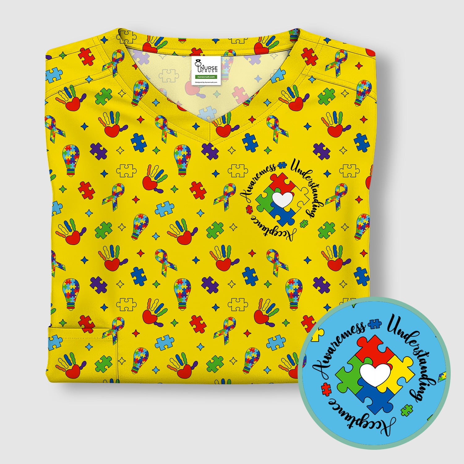 Autism Awareness Colorful Puzzle Pattern Scrub Top, Comfortable Scrubs for Nurses
