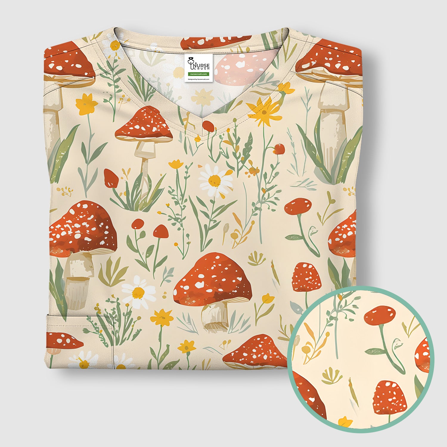 Cute Mushroom Wildflower Pattern Scrub Top, Breathable Fabrics Nursing Uniform