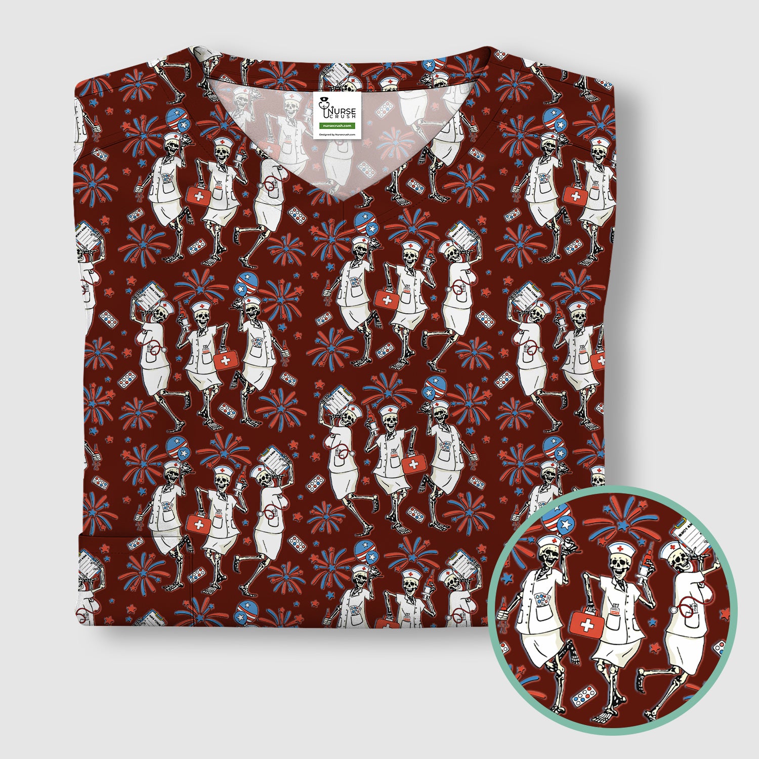 Funny Skeleton Nurse Patriotic Print Scrub Top, Halloween USA Fireworks Nursing Uniform for Women
