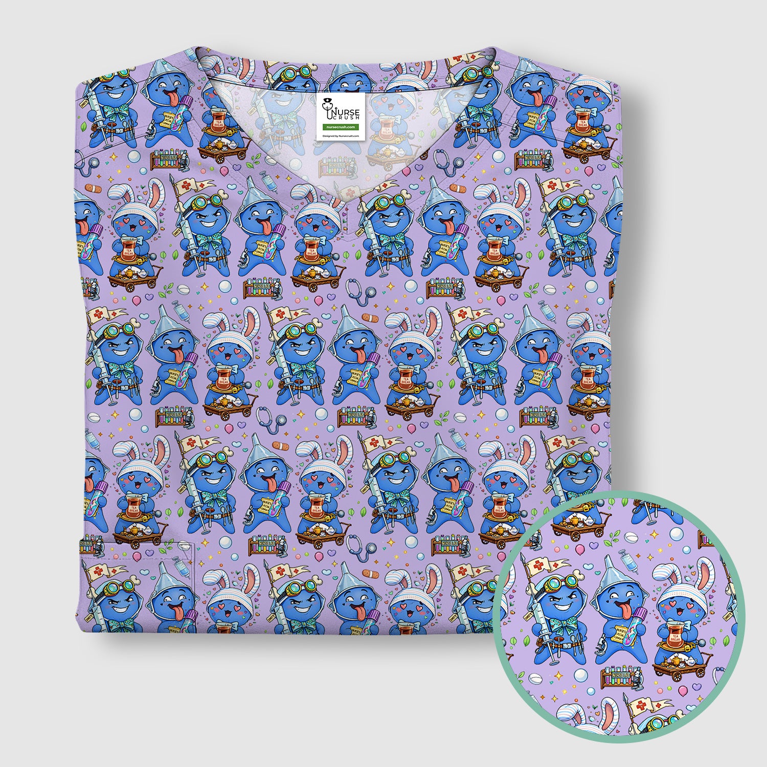 Cute Glove Doll Hospital Medical Cartoon Nurse Pattern Scrub Top, Comfortable Scrubs for Nurses