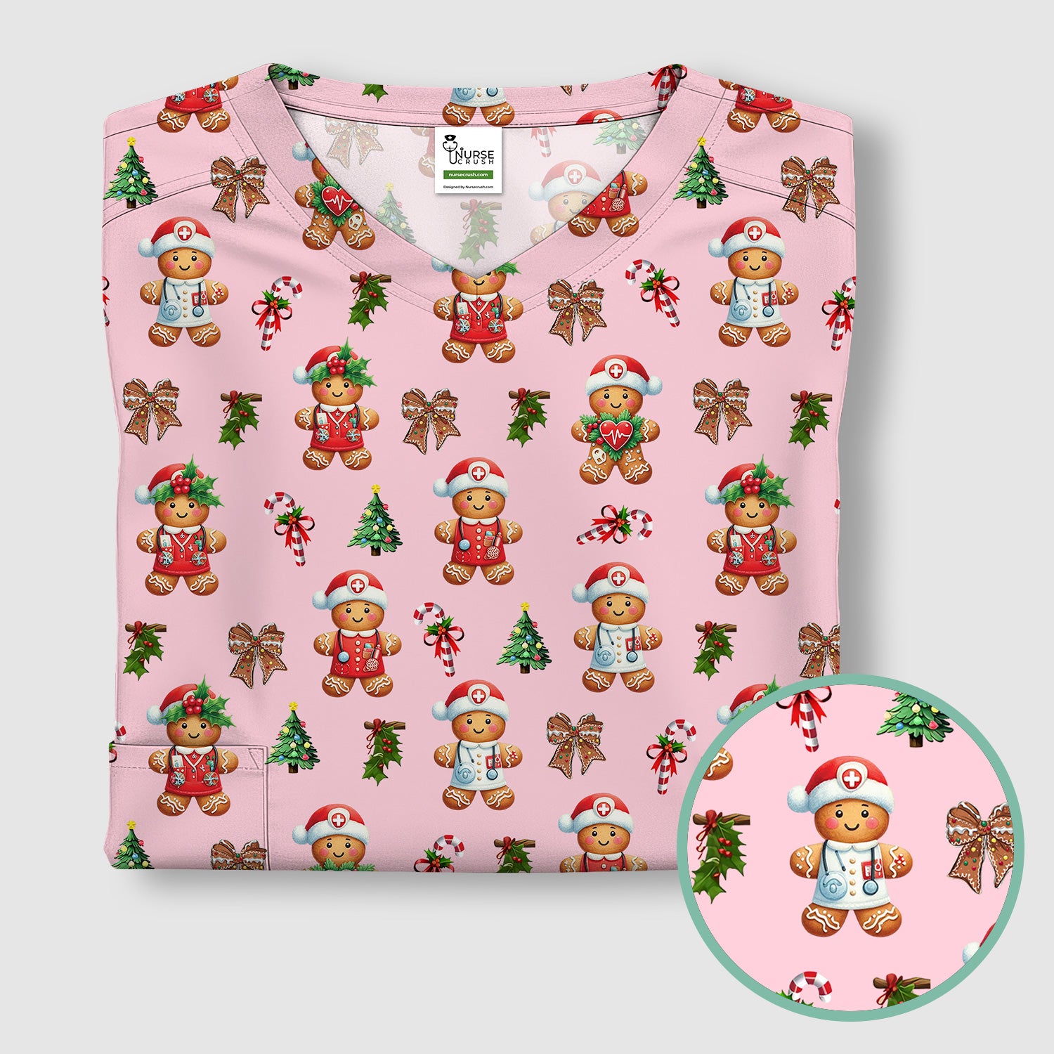 Funny Gingerbread Christmas Scrub Top - Cute Cookie with Bow Shirt - Festive Holiday Scrubs for Women