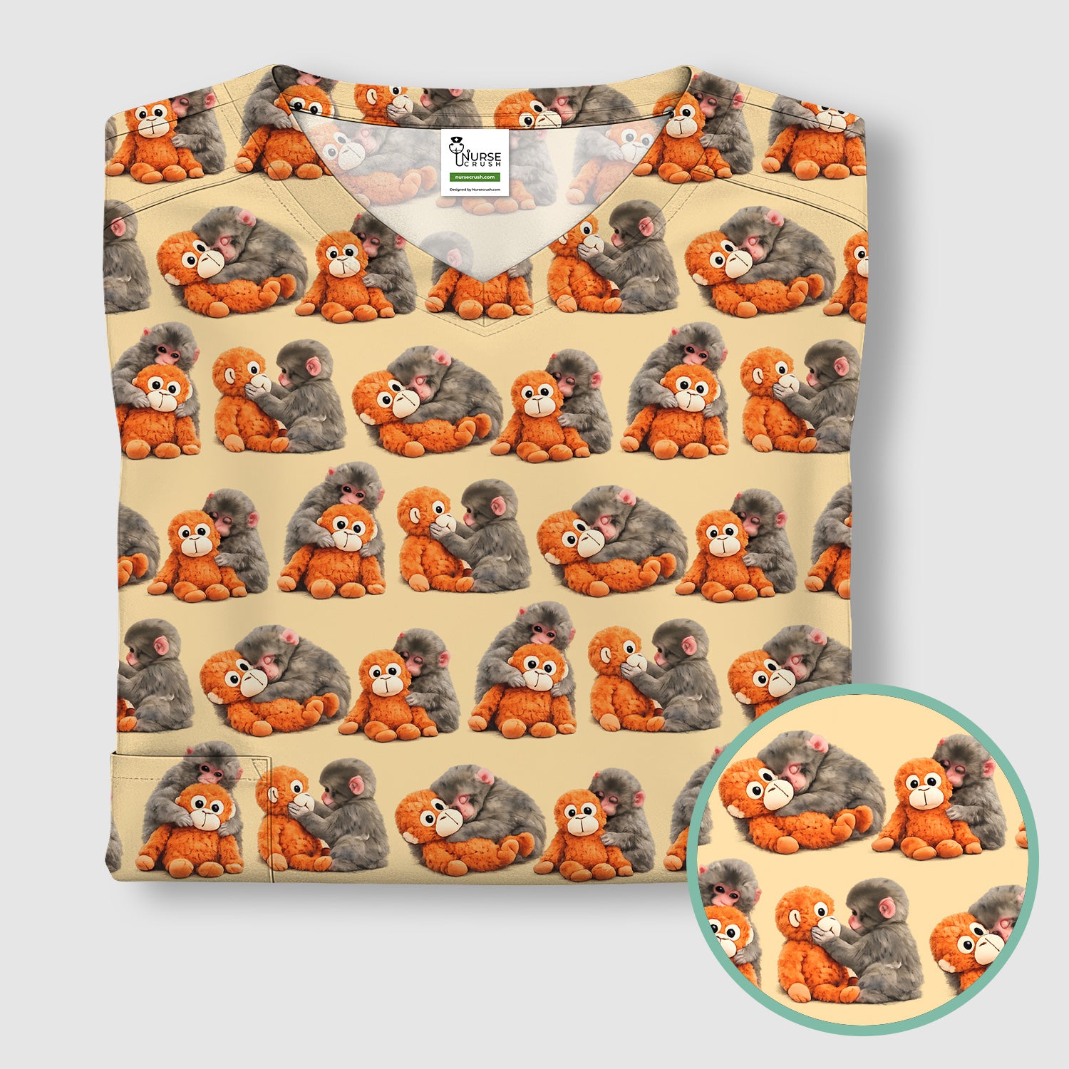 Cute Baby Monkey Plush Toy Animal Pattern Scrub Top, Breathable Medical Uniform Top