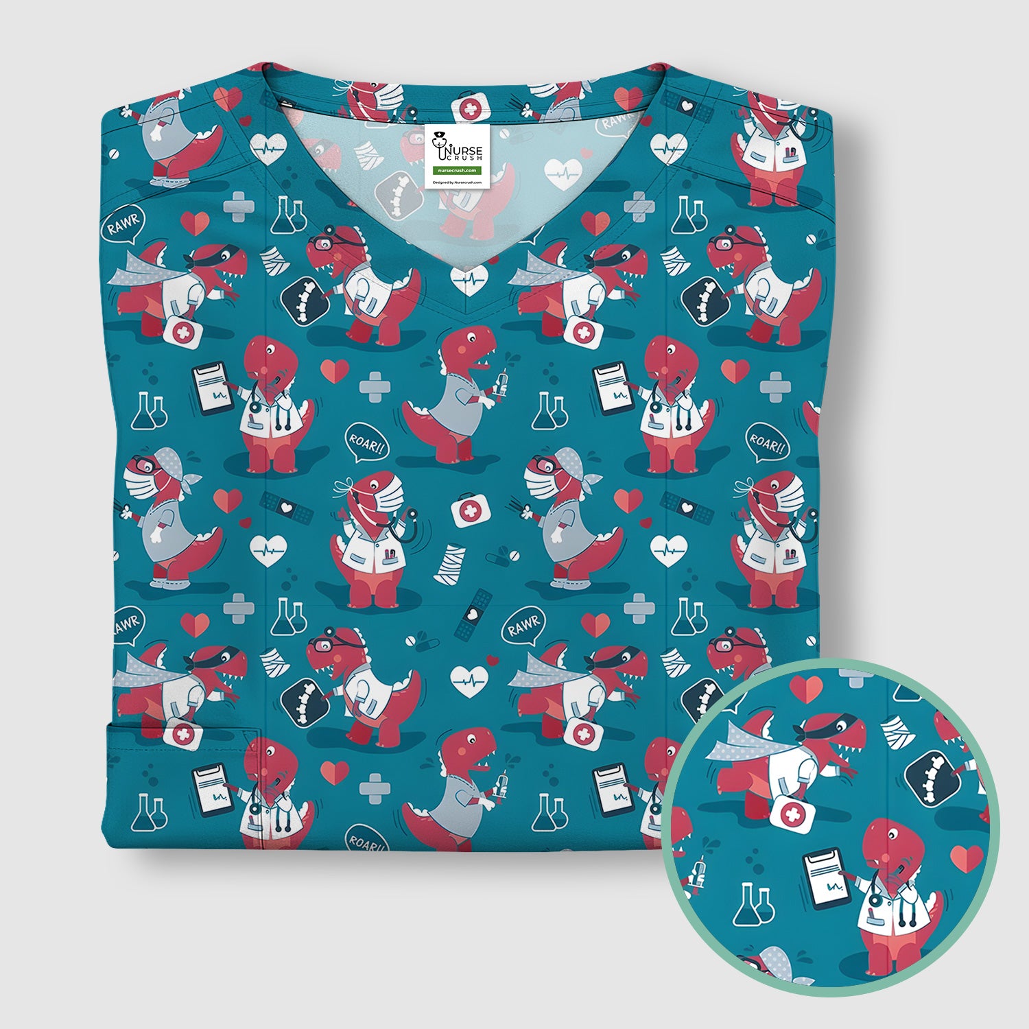 Cute Dinosaur Doctor Medical Pattern Scrub Top, Breathable Fabrics Nursing Uniform