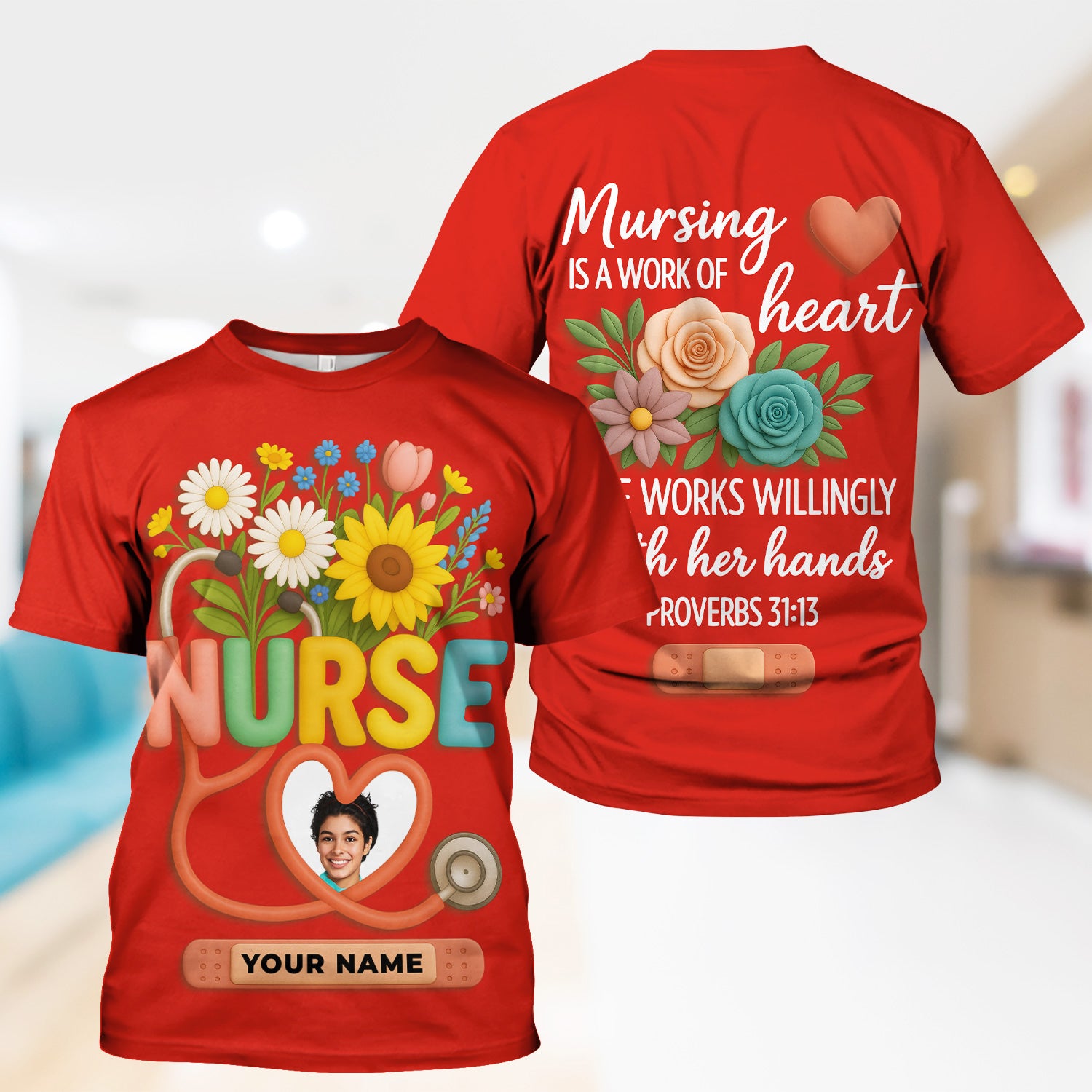 Nurse Appreciation Shirt for CNA RN LPN - Floral Heart Stethoscope Design - Custom Photo & Name Gift for Women Healthcare Workers - Multiple Shirt Colors Available