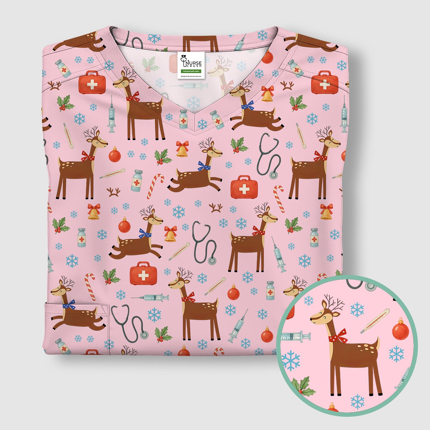 Reindeer Christmas Scrub Top - Snowflakes Candy Canes Holiday Medical Shirt - Xmas Scrubs for Women RN CNA LPN