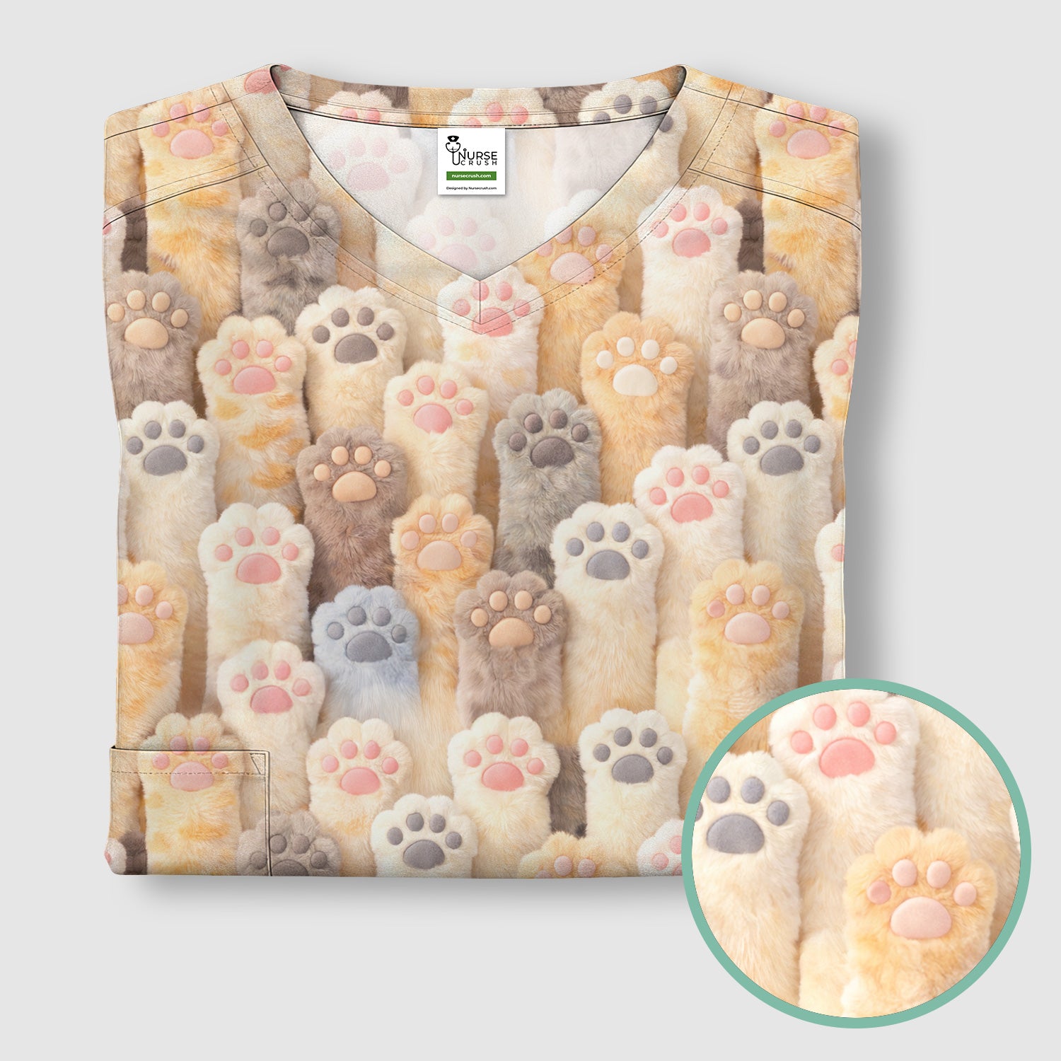 Cute Fluffy Cat Paw Pattern Scrub Top, Comfortable Scrubs for Nurses