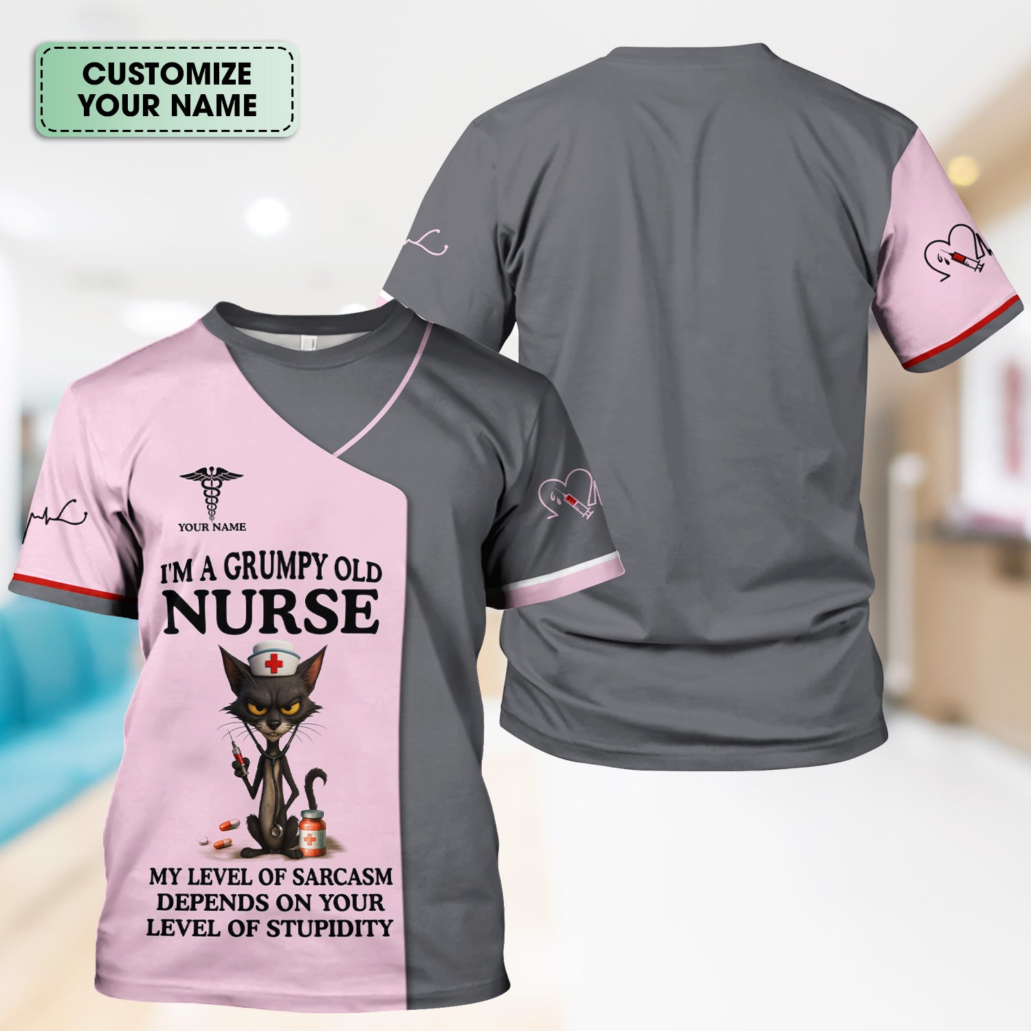 Sarcastic Grumpy Old Nurse Shirt - Black Cat Humo & Caduceus Symbol Design - Personalized Gift for RN LPN CNA Healthcare Workers