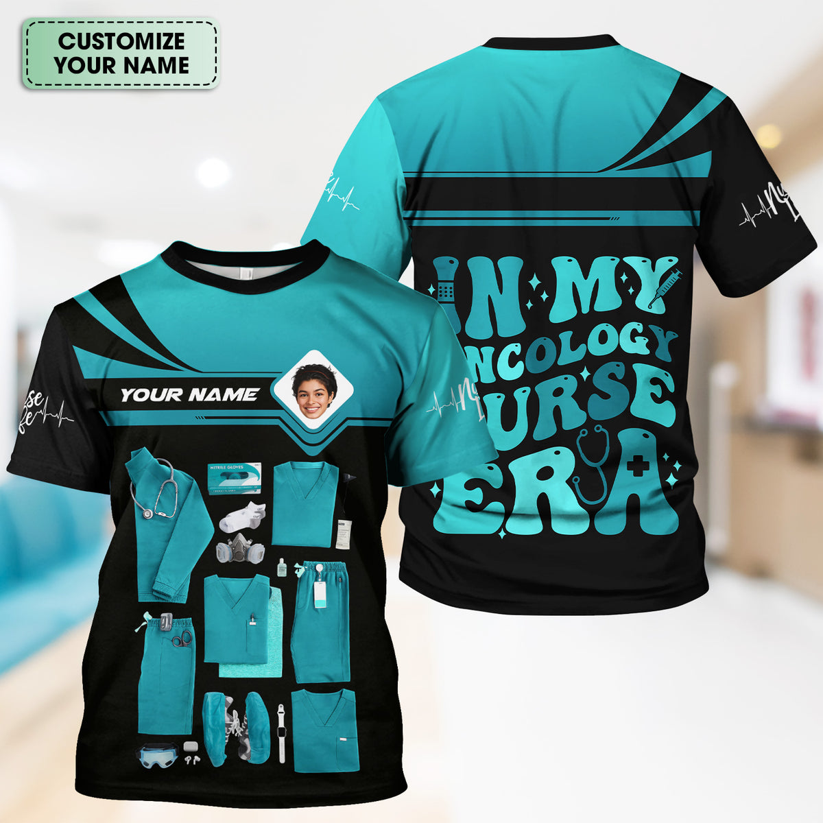 Personalized Oncology Nurse Scrub Shirt - Custom Photo & Name - In My Nurse Era Design - Gift for RN, LPN, Healthcare Worker