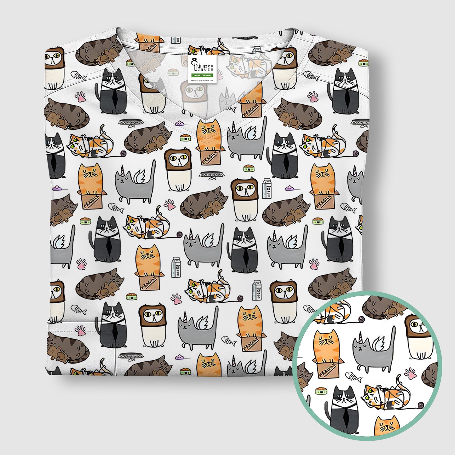 Lazy Cat Doodle Pattern Scrub Top, All Over Cozy Kitty Nursing Uniform for Women