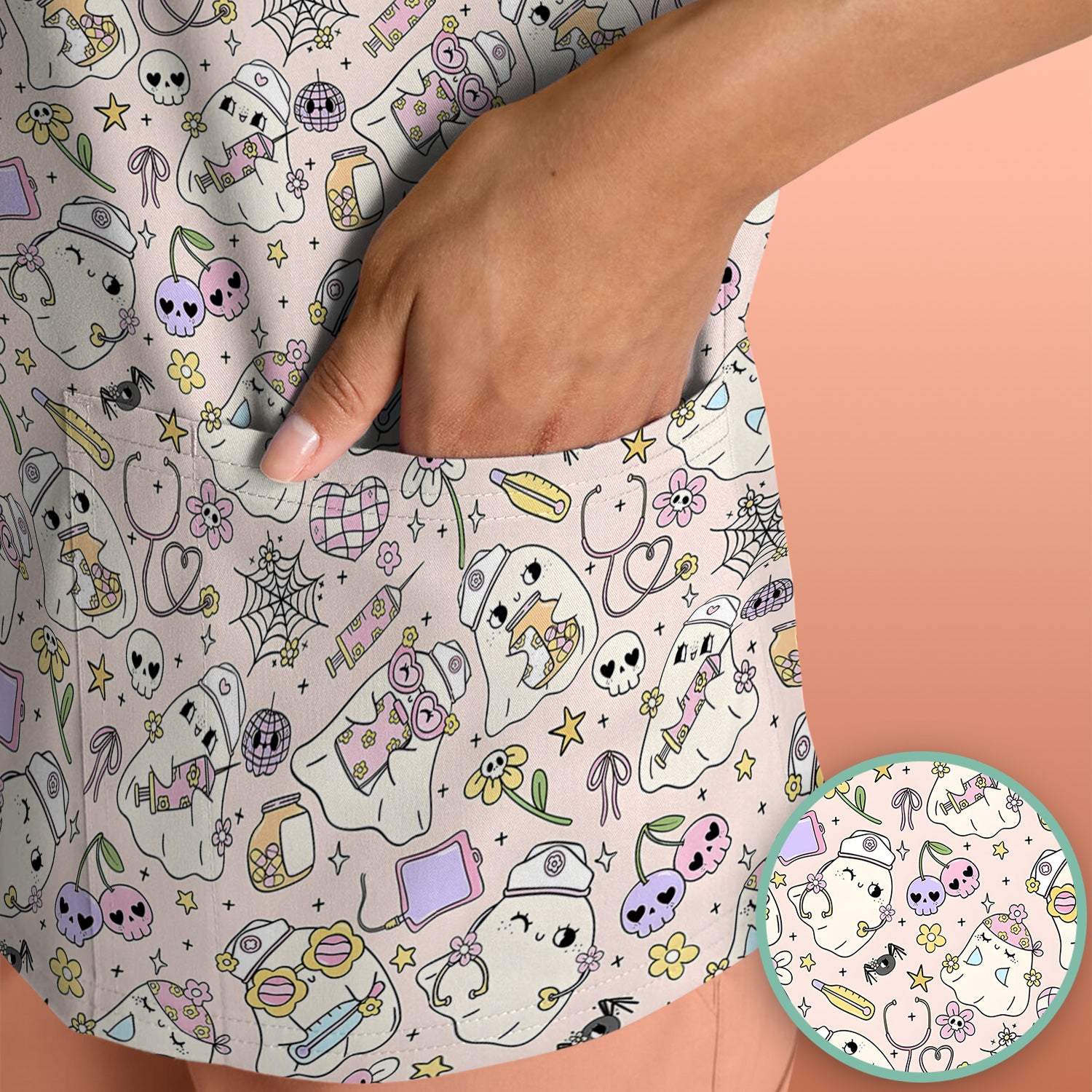 Cute Halloween Nurse Ghosts Pattern Scrub Top, Comfortable Scrubs for Nurses