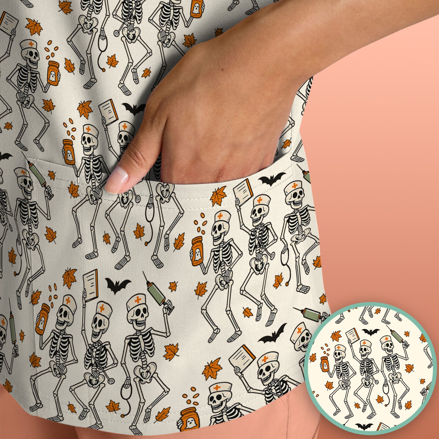 Funny Halloween Skeleton Pattern Scrub Top, Comfortable Scrubs for Nurses