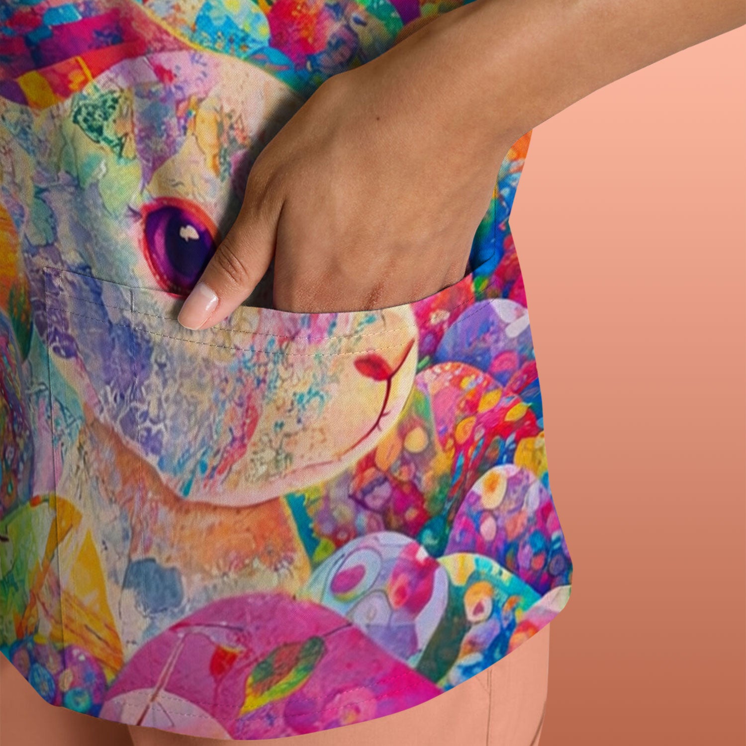 Colorful Artistic Bunny Print Scrub Top, Breathable Fabrics Nursing Uniform, Easter