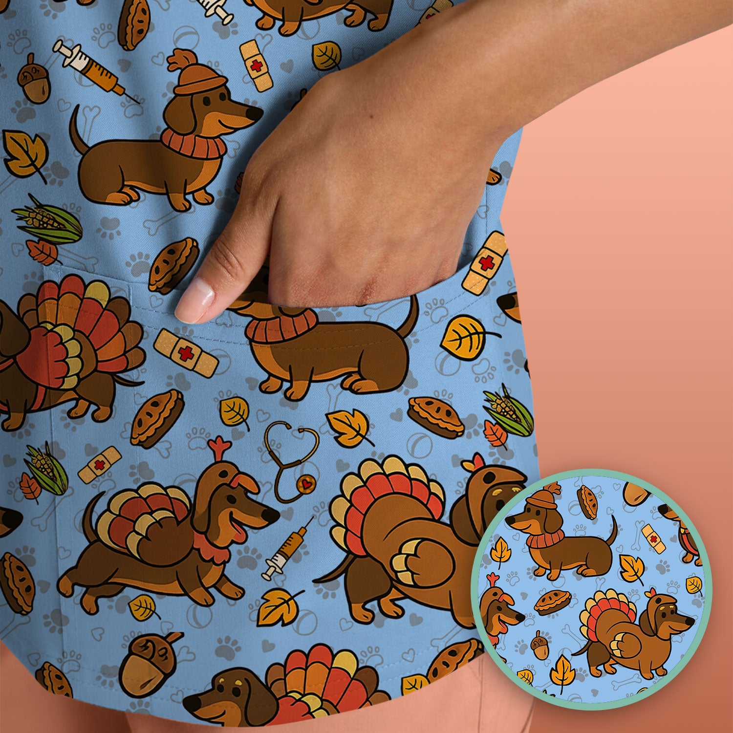 Thanksgiving Wiener Dog Scrub Top - Funny Dachshund TurkeChicken Nurse Shirt for Women - Cute Holiday Medical Uniform