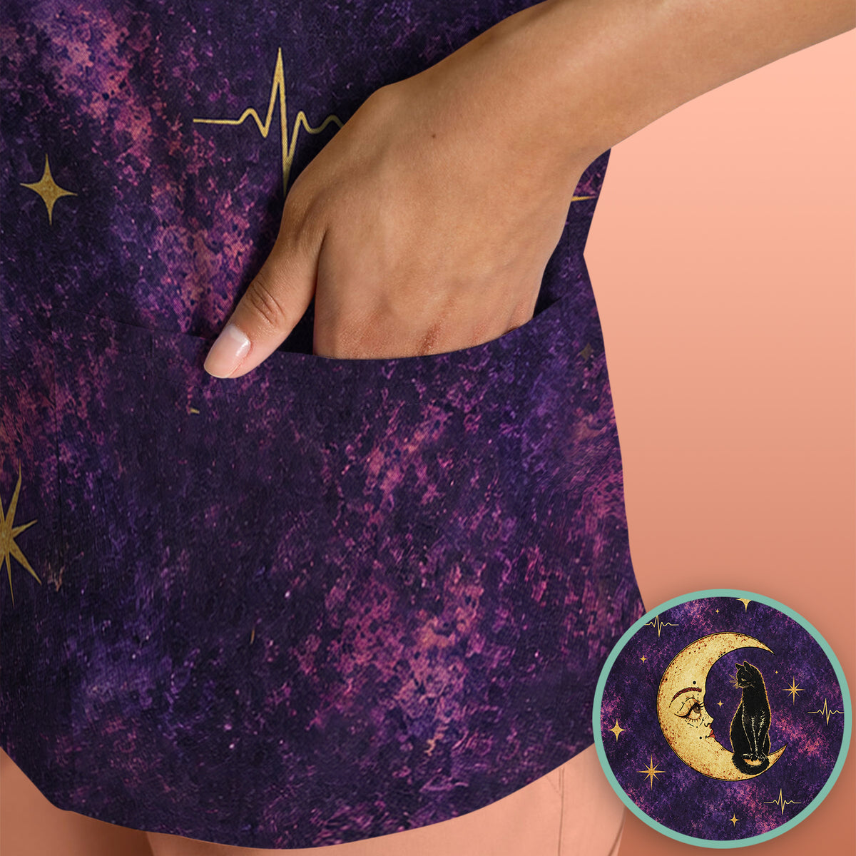 Celestial Nurse Black Cat Crescent Moon Scrub Top, Comfortable Scrubs for Nurses