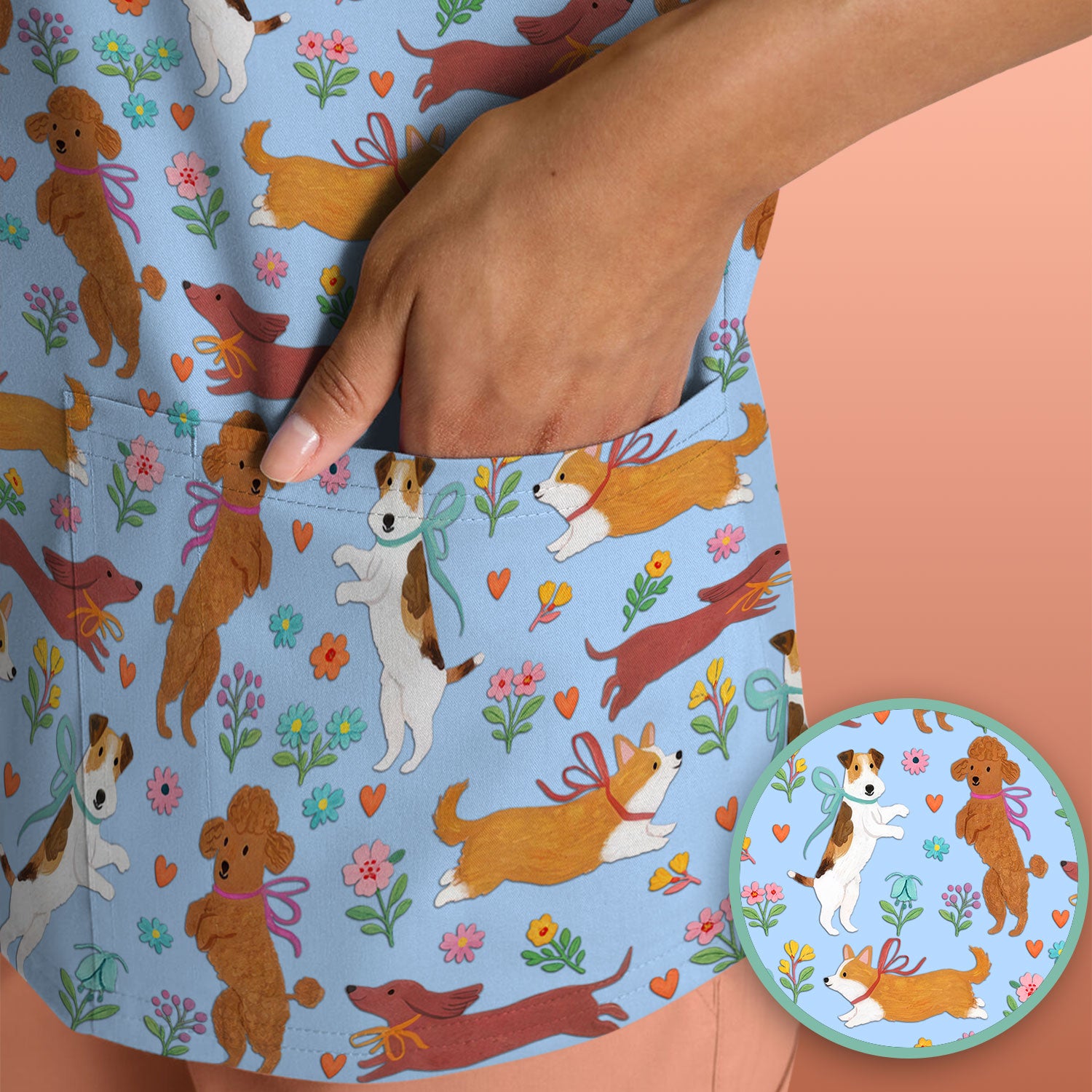Cute Cartoon Dog Print Nurse Scrub Top, Comfortable Scrubs for Nurses