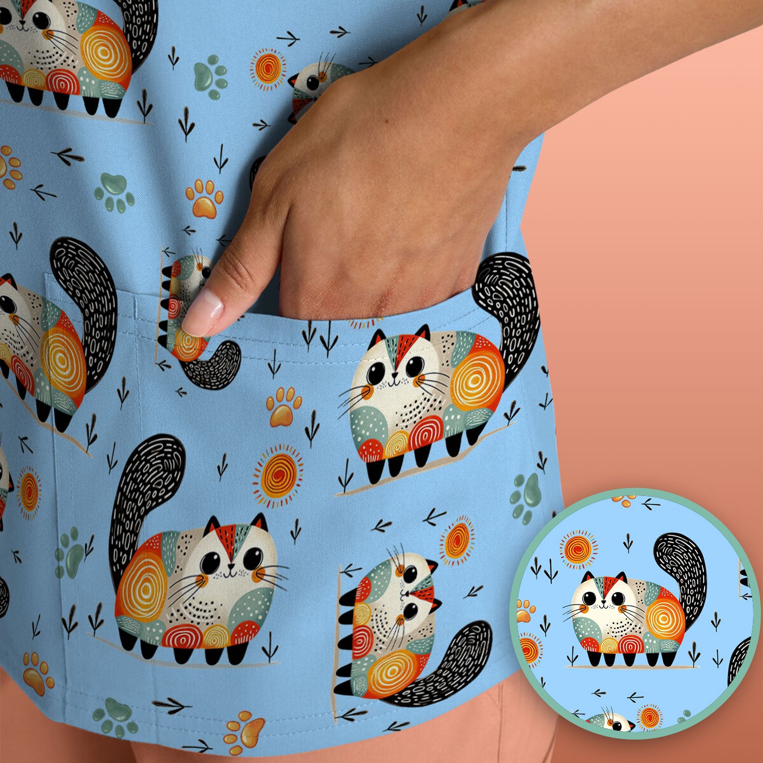 Playful Cat Illustration Nurse Scrub Top, Comfortable Scrubs for Nurses