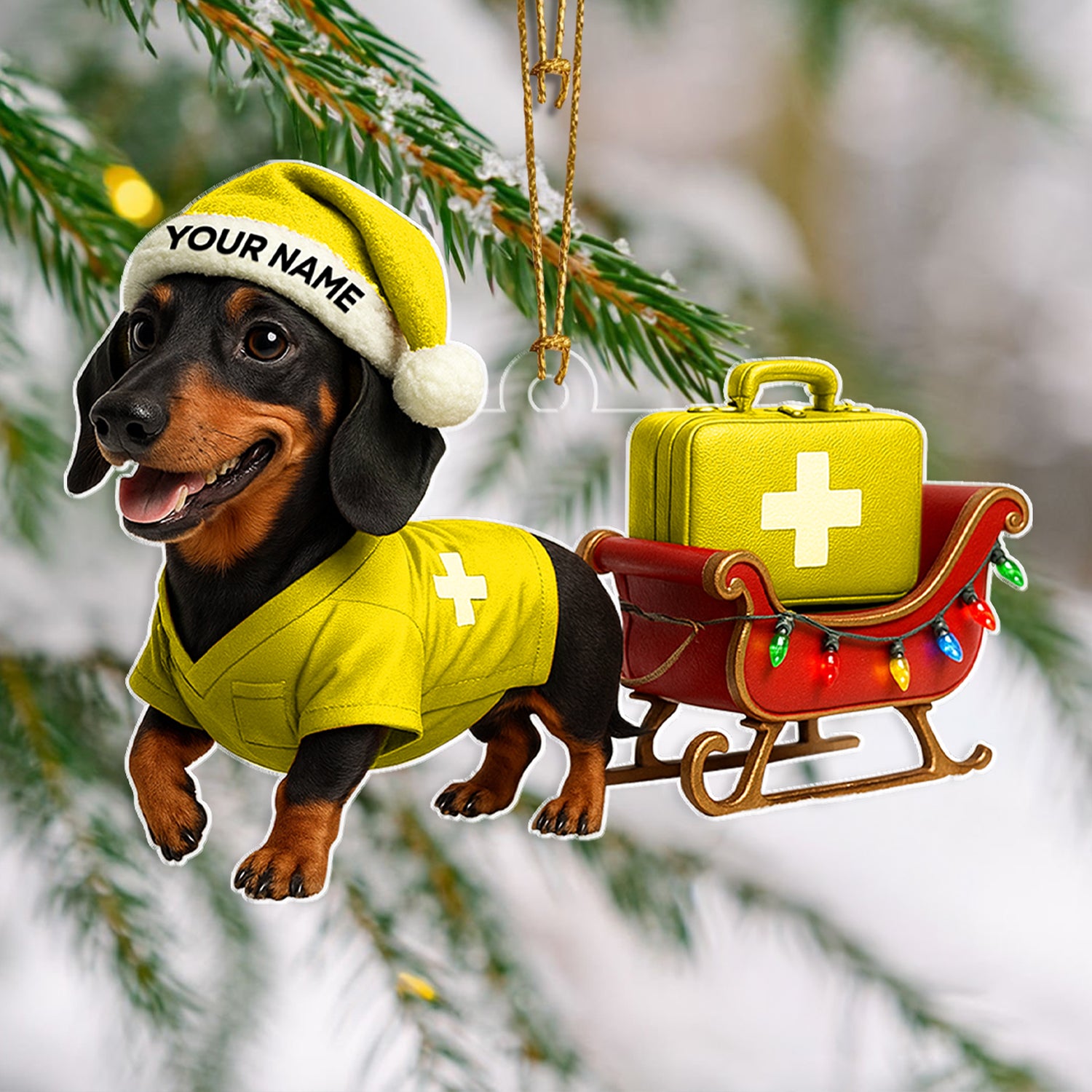 Personalized Nurse Dachshund Christmas Ornament, Custom Name Wiener Dog Ornament With Medical Sleigh, Funny Holiday Gift for Dog Lovers