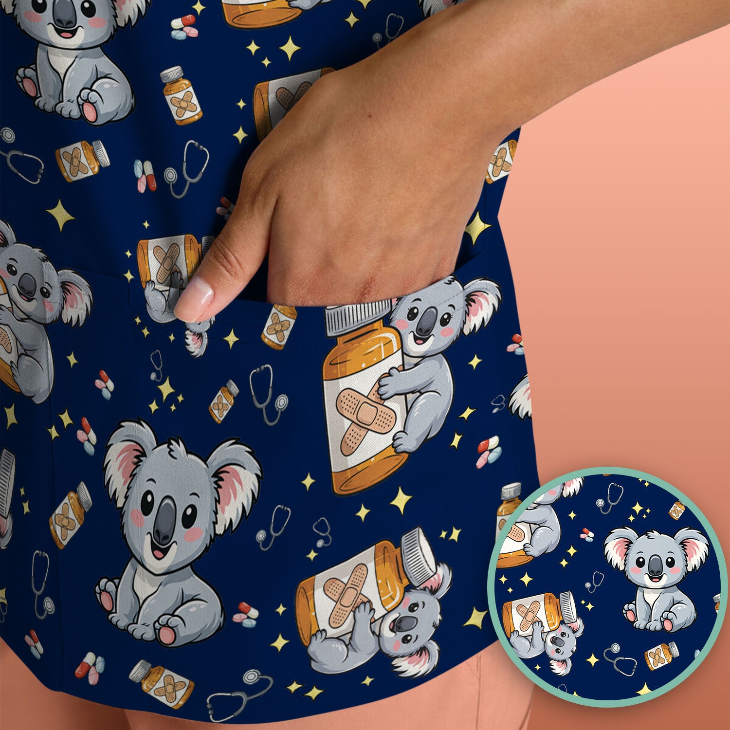 Cute Koala Nurse Bandage Medicine Print Scrub Top, Comfortable Scrubs for Nurses