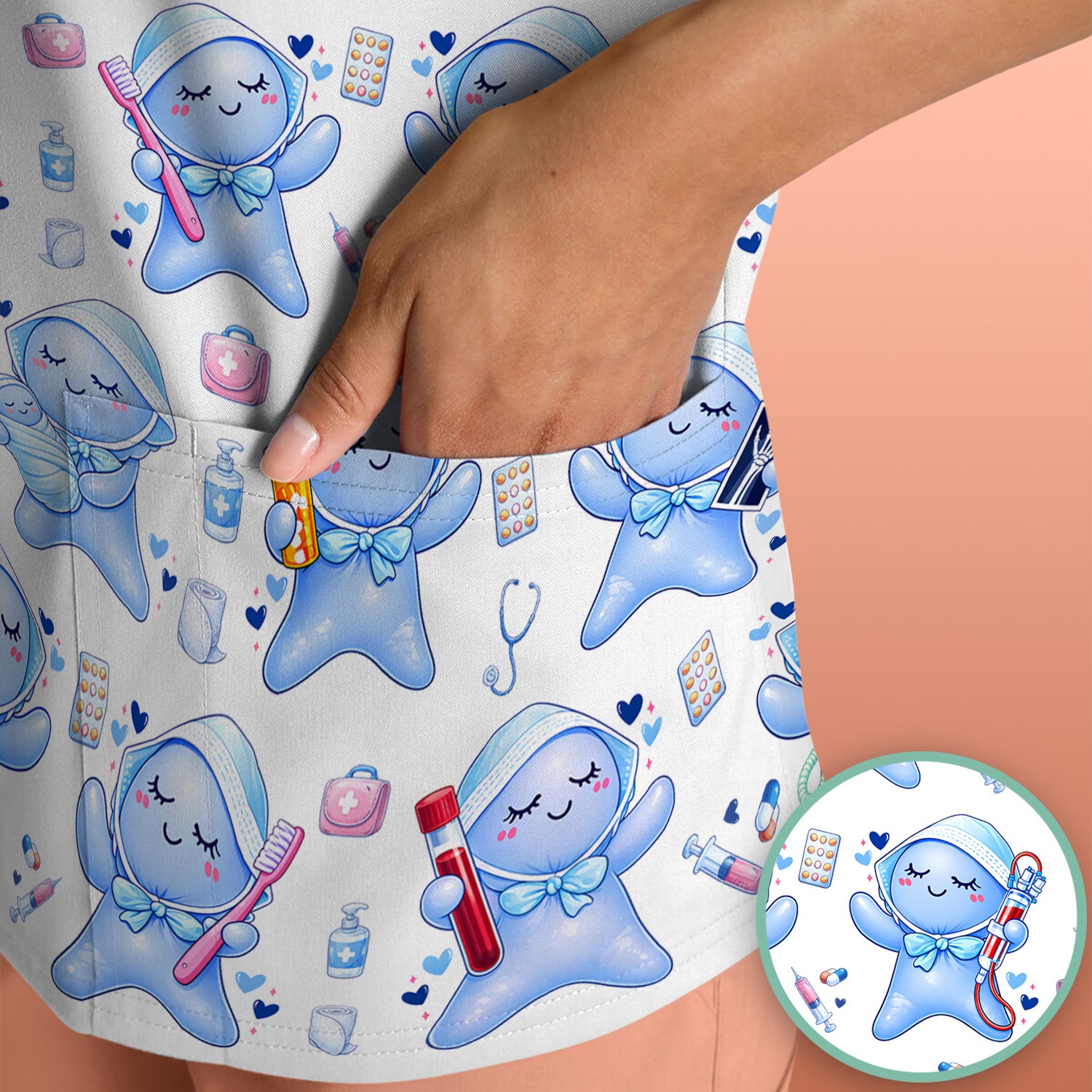 Cute Tooth Character Dental Tools Caring Pattern Scrub Top, Breathable Fabrics Nursing Uniform