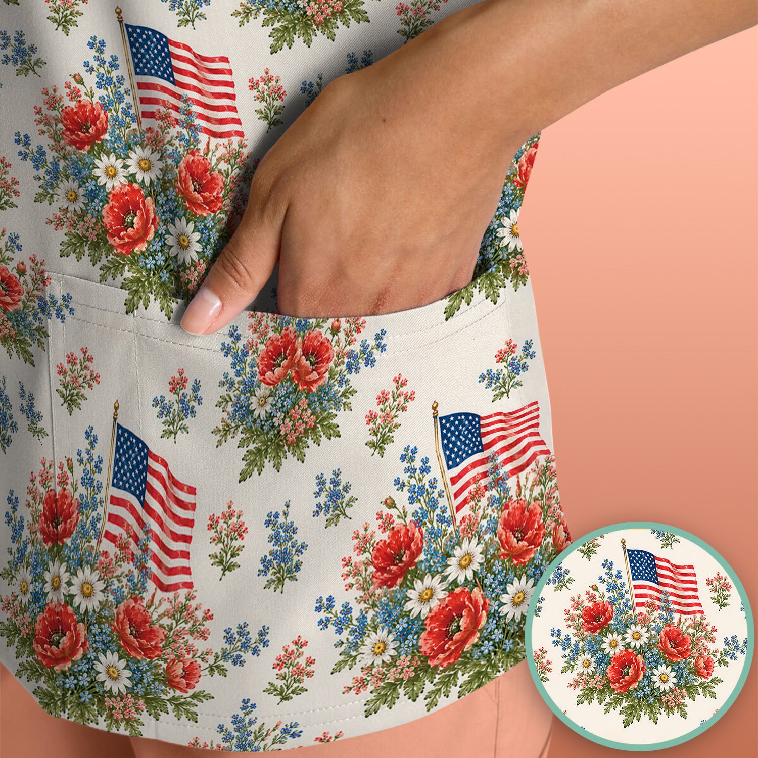 Patriotic Floral With USA Flag Pattern Scrub Top, Comfortable Scrubs for Nurses