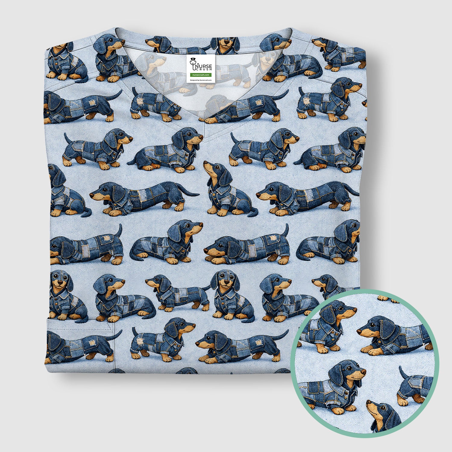 Denim Dachshund Dog Pattern Scrub Top, Breathable Fabrics Nursing Uniform