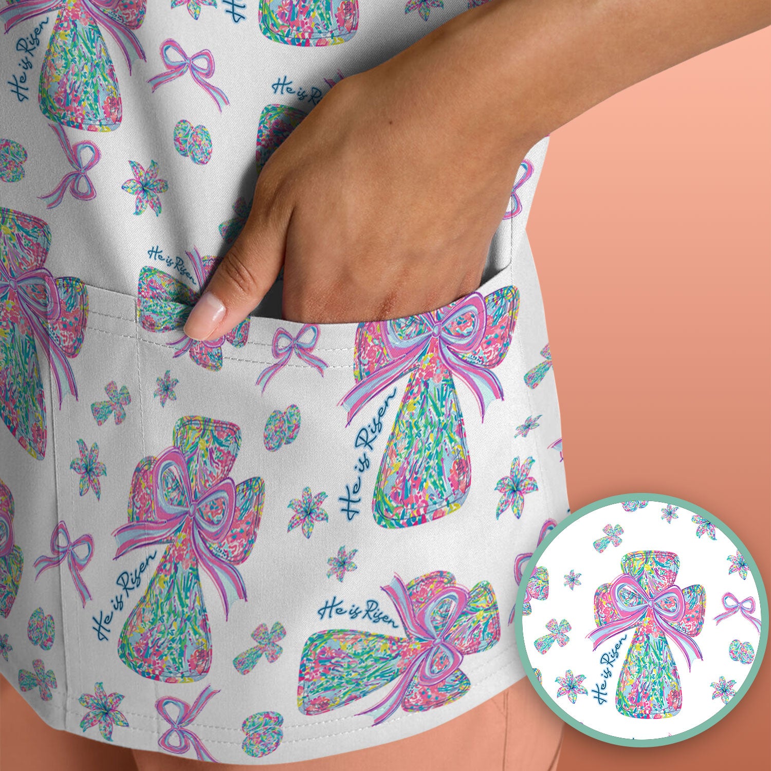 Colorful Bow Pattern Scrub Top, Breathable Fabrics Nursing Uniform