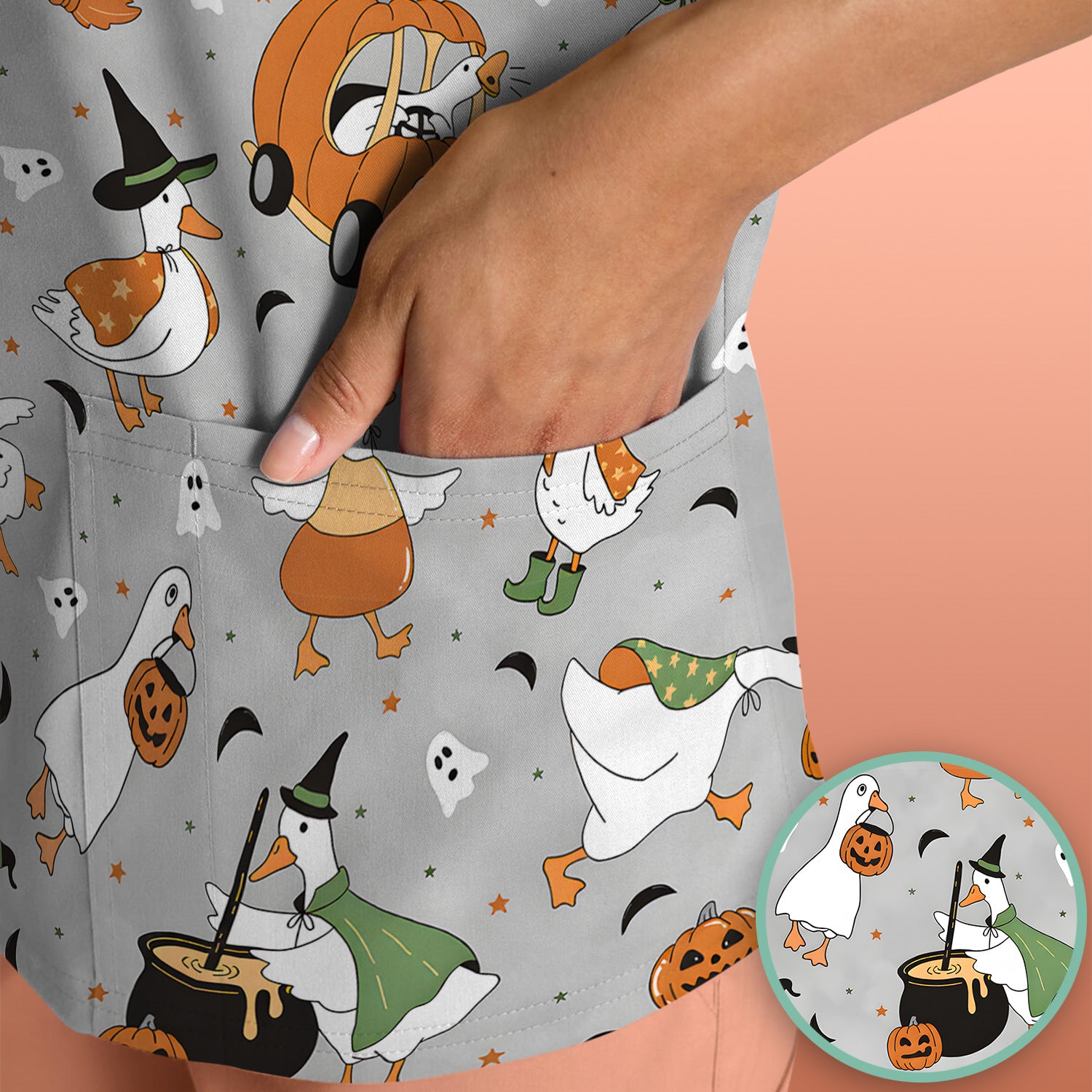 Goose with Pumpkin Checkered Print Scrub Top, Comfortable Scrubs for Nurses