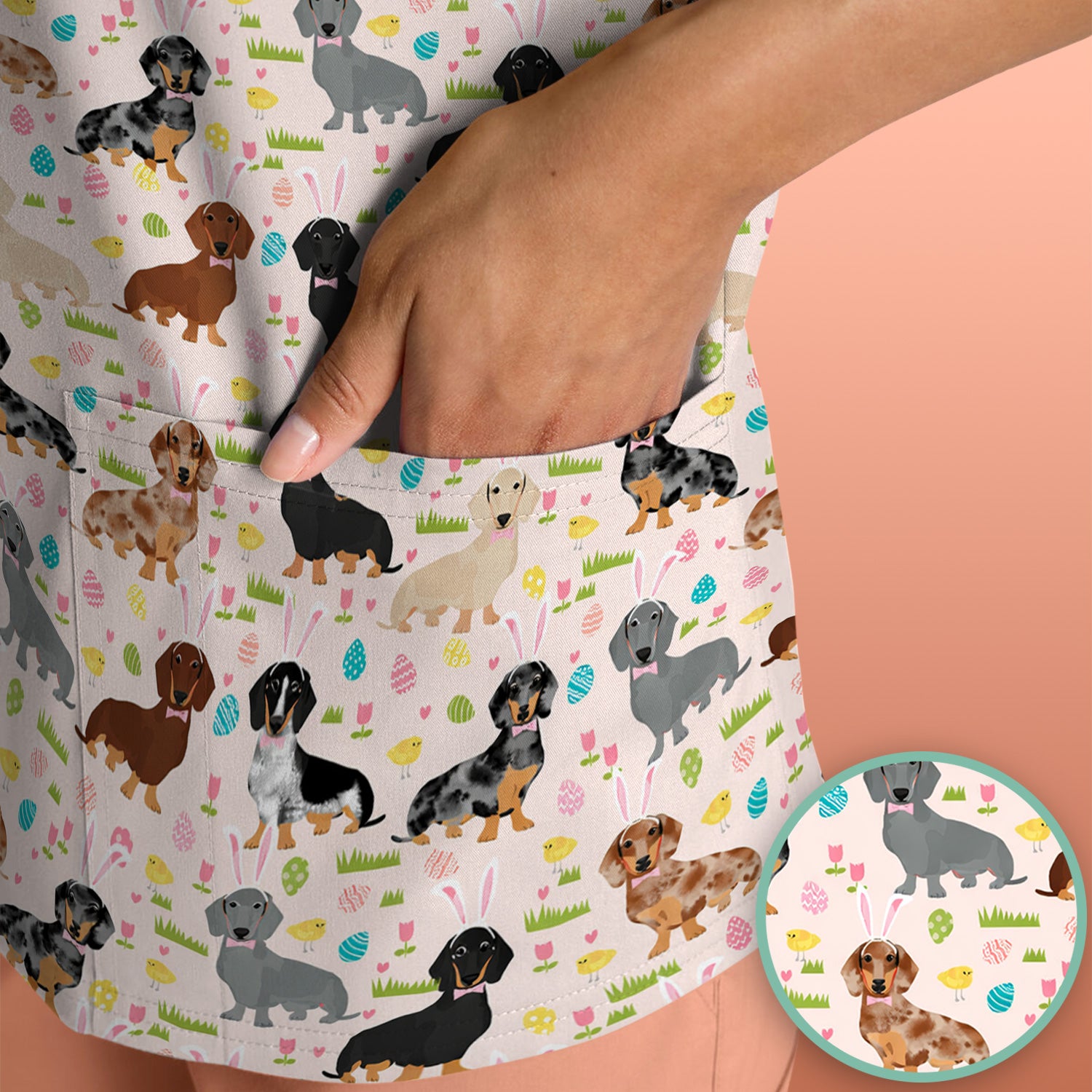 Easter Dachshund Dog Pattern Scrub Top, Comfortable Scrubs for Nurses
