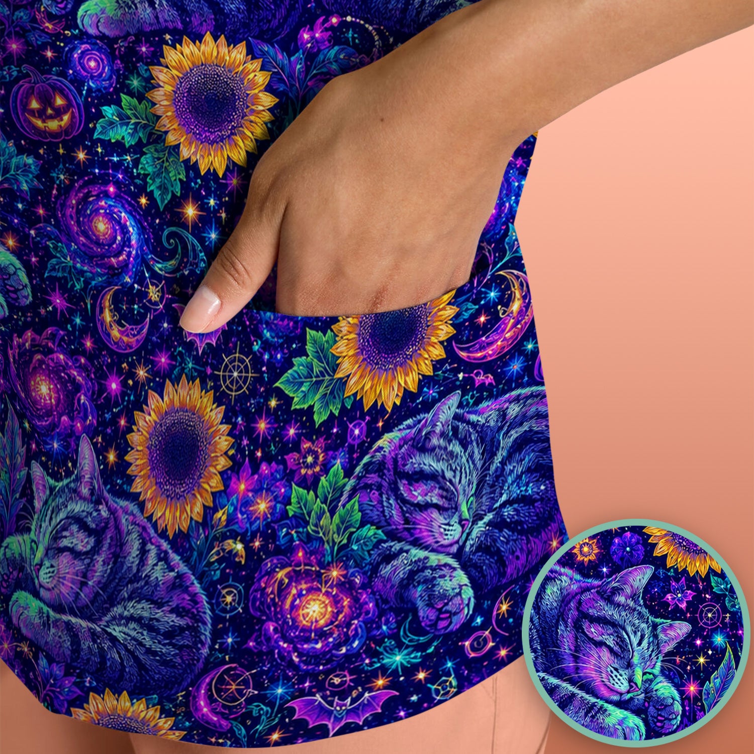 Spooky Galaxy Cat And Sunflowers Scrub Top, Comfortable Scrubs for Nurses