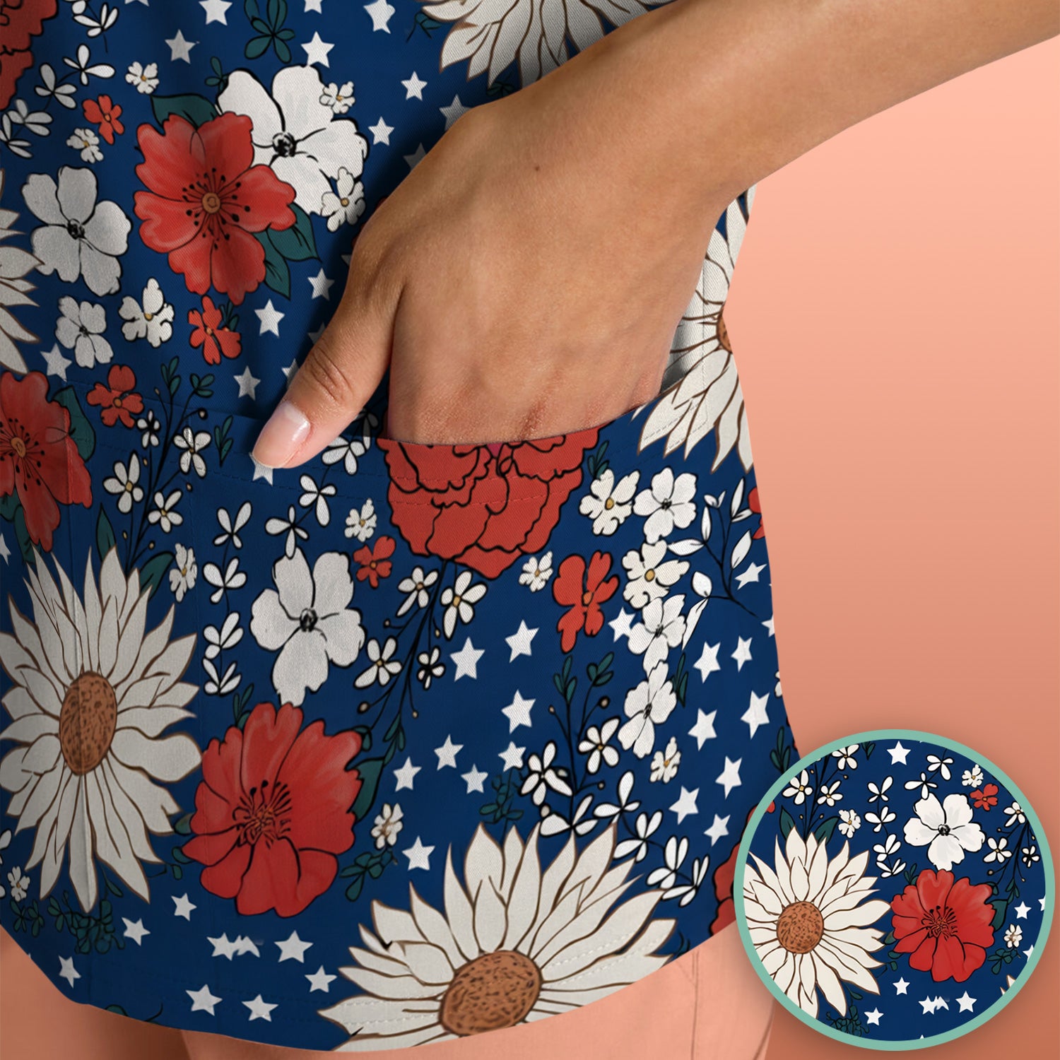 Red White Blue Floral Pattern Scrub Top, Comfortable Scrubs for Nurses