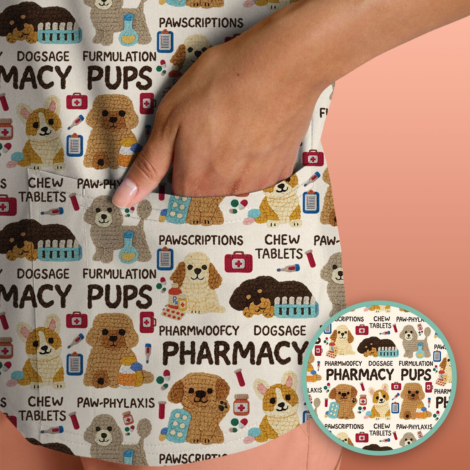 Pharmacy Pups Scrub Top for Women - Cute Dog Pattern Medical Shirt for Pharmacists & Vet Techs - Fun Blue Pharmacy Nurse Uniform