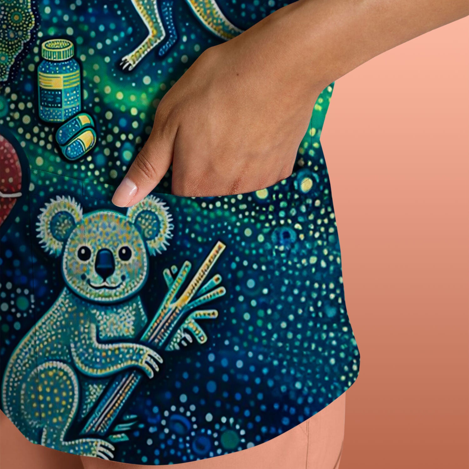Aboriginal Nurse Australia Scrub Top, Kangaroo Koala Dot Art Medical Pattern Shirt, Breathable Fabrics Nursing Uniform