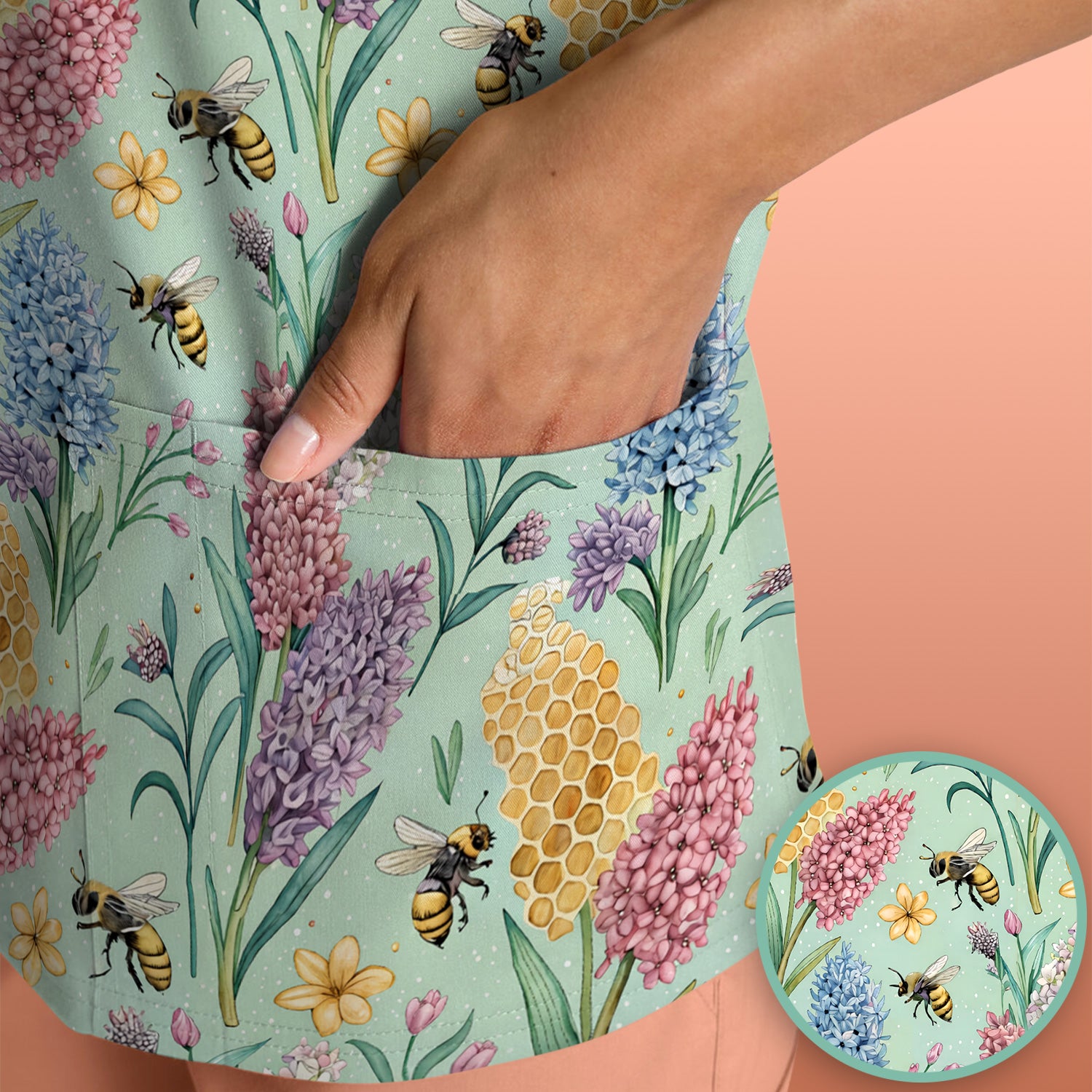 Pastel Wildflower Honeybee Pattern Scrub Top, Comfortable Scrubs for Nurses