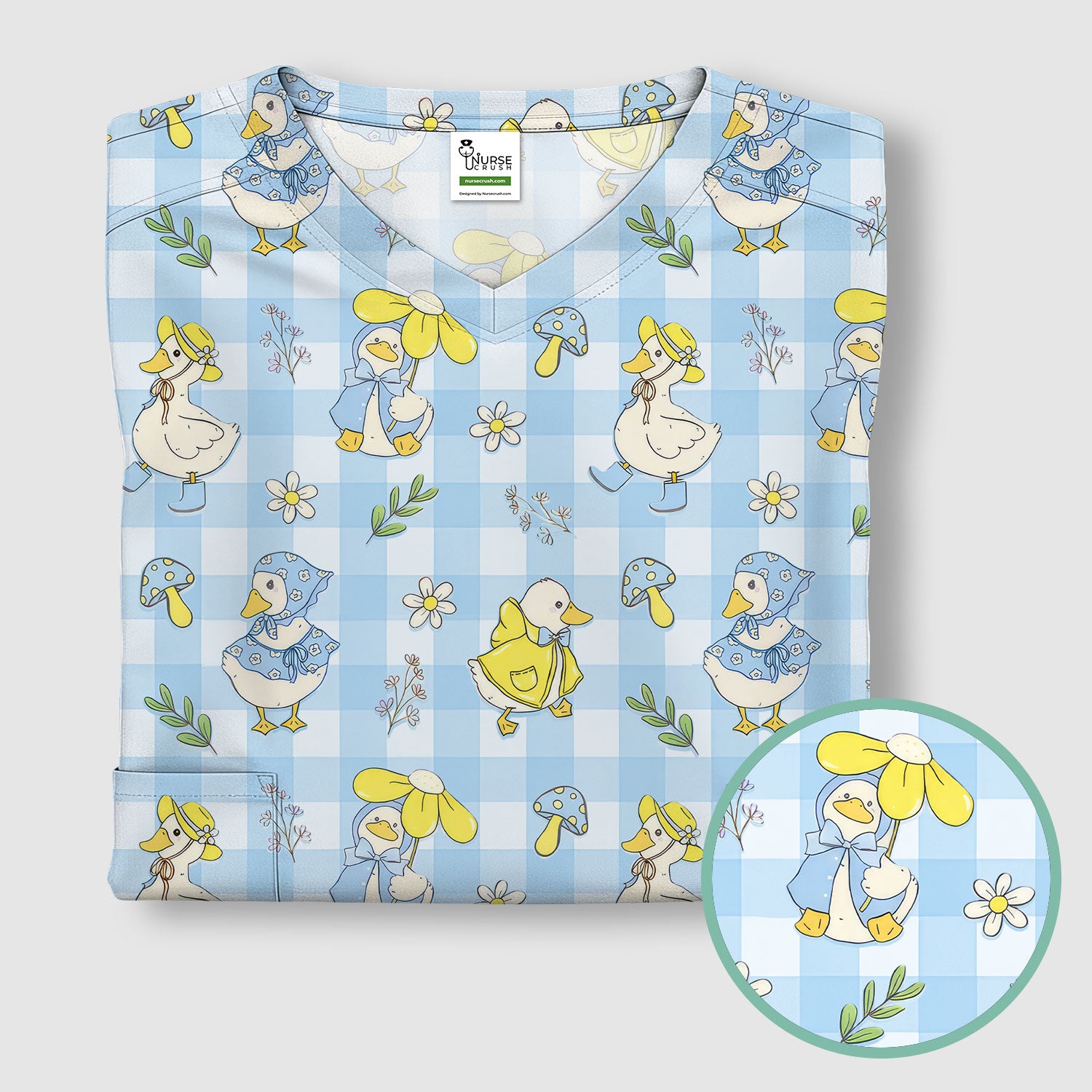 Cute Duck Outfit Gingham Pattern Scrub Top, Comfortable Scrubs for Nurses