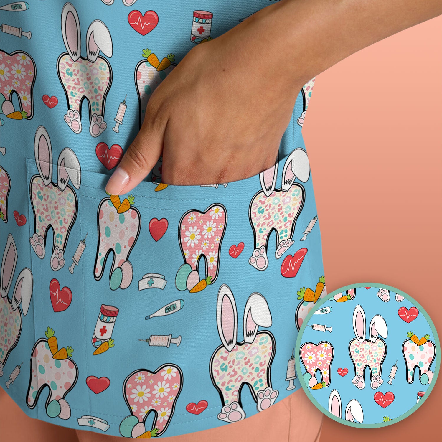 Playful Bunny Dentist Illustration Medical Scrub Top, Comfortable Scrubs for Nurses, Easter
