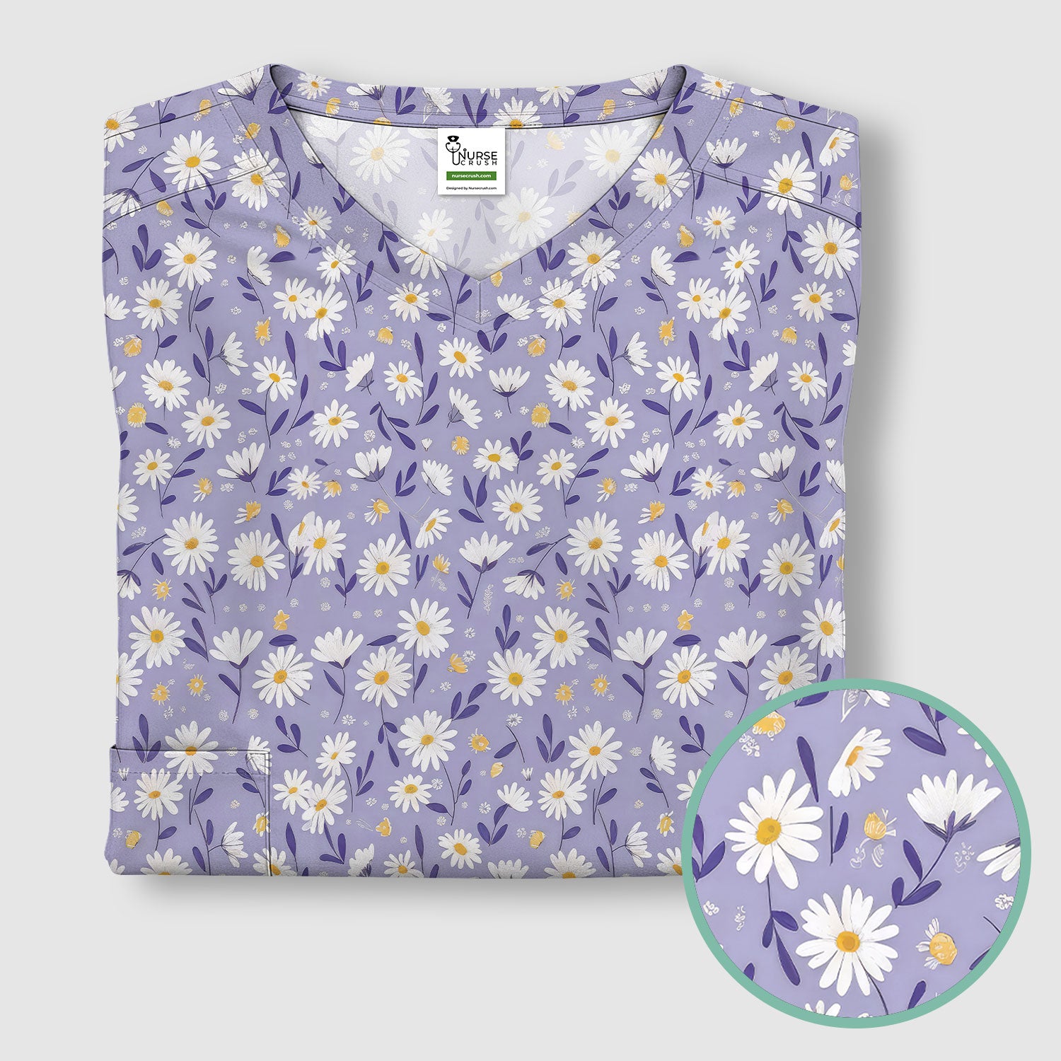 Cute Purple Daisy Botanical Print Scrub Top, Comfortable Scrubs For Nurses