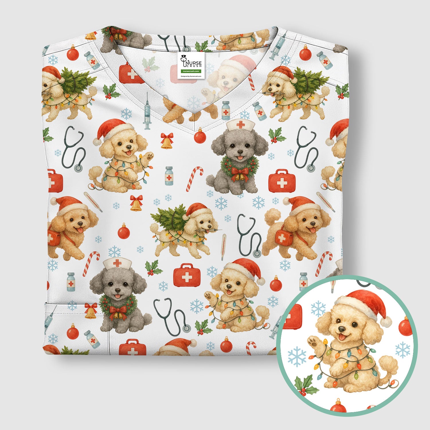 Cute Christmas Dog Scrub Top - Puppy Nurse Shirt Santa Hat Print - Holiday Medical Scrubs Gift for Women CNA RN Doctor
