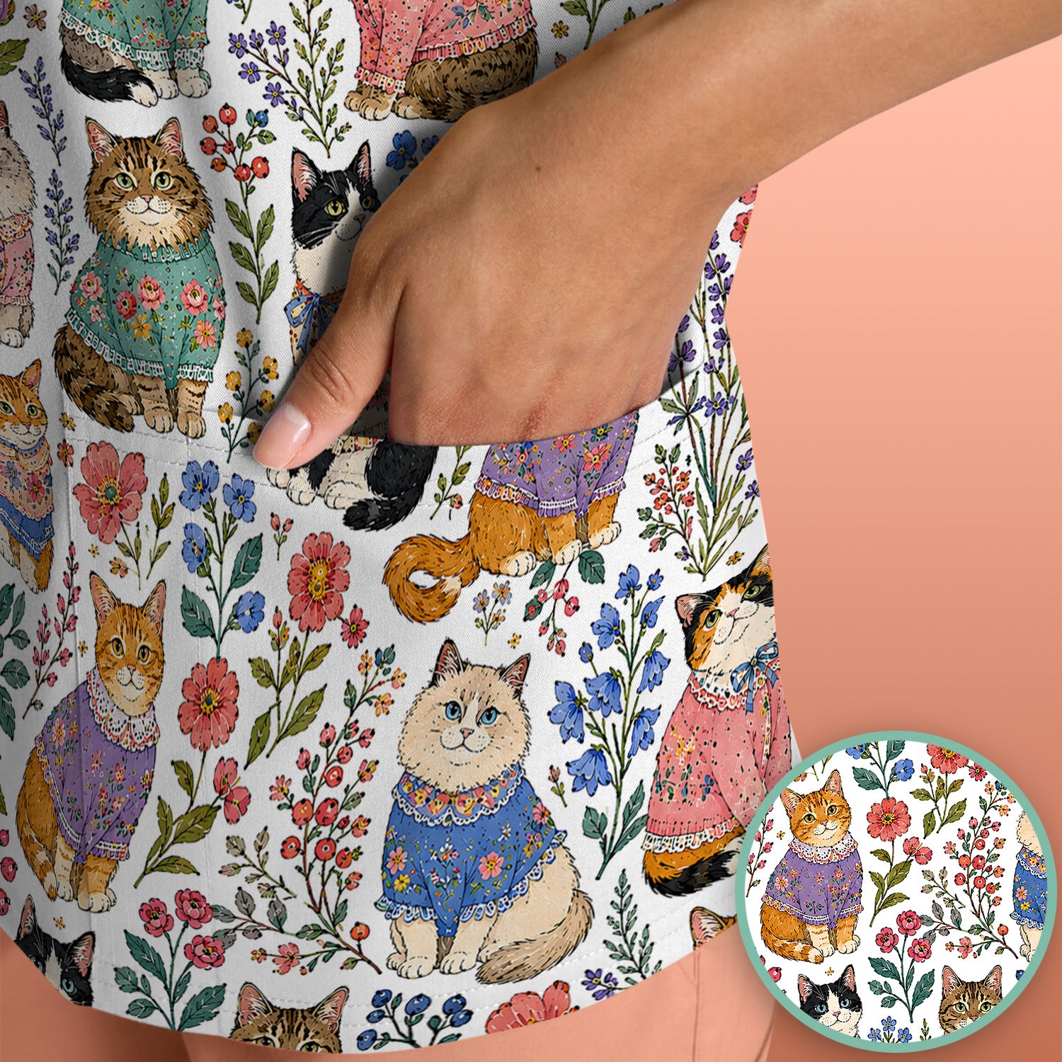 Cute Floral Cat Pattern Scrub Top, Comfortable Scrubs for Nurses