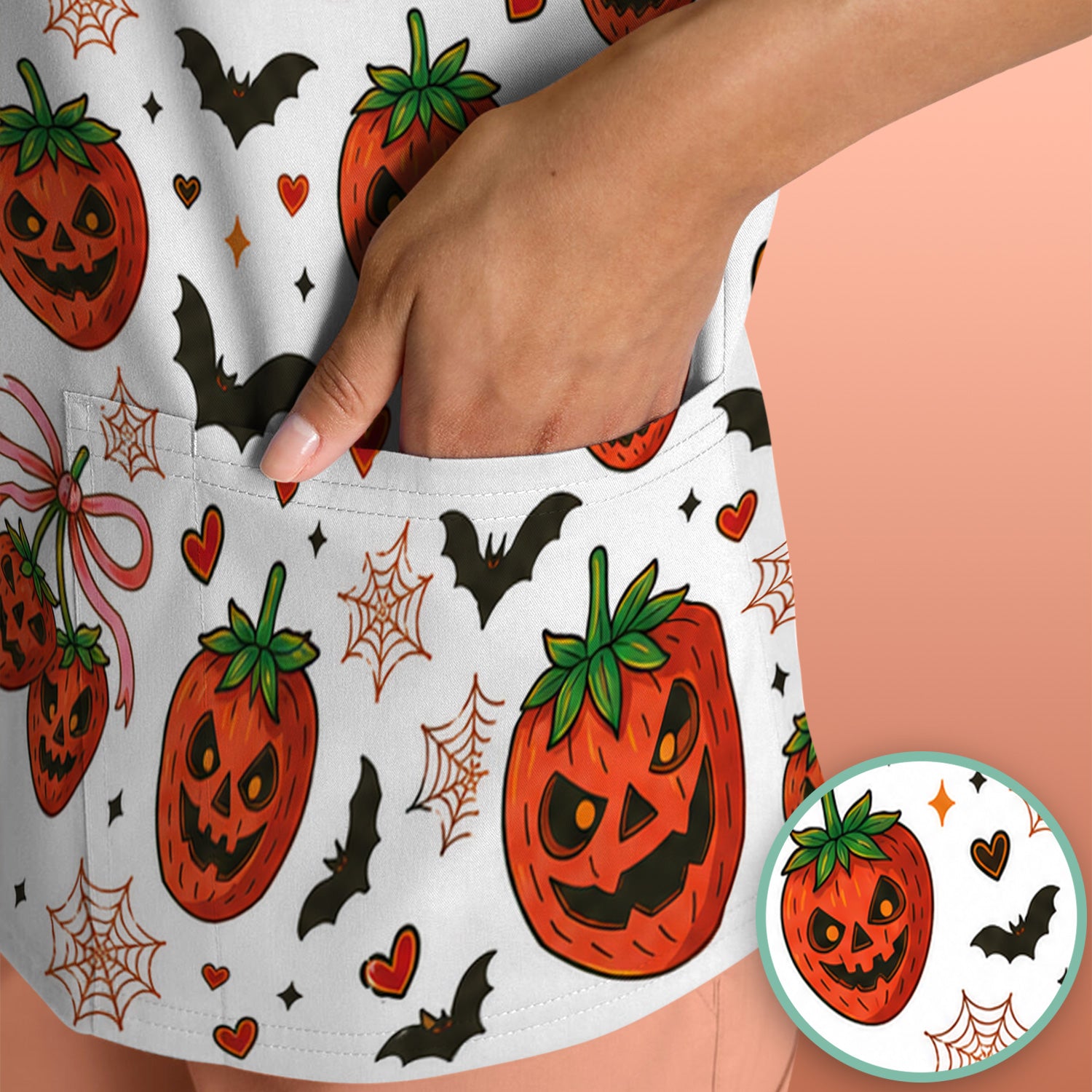 Sweet Halloween Strawberry Jack O Lanterns Scrub Top, Comfortable Scrubs for Nurses
