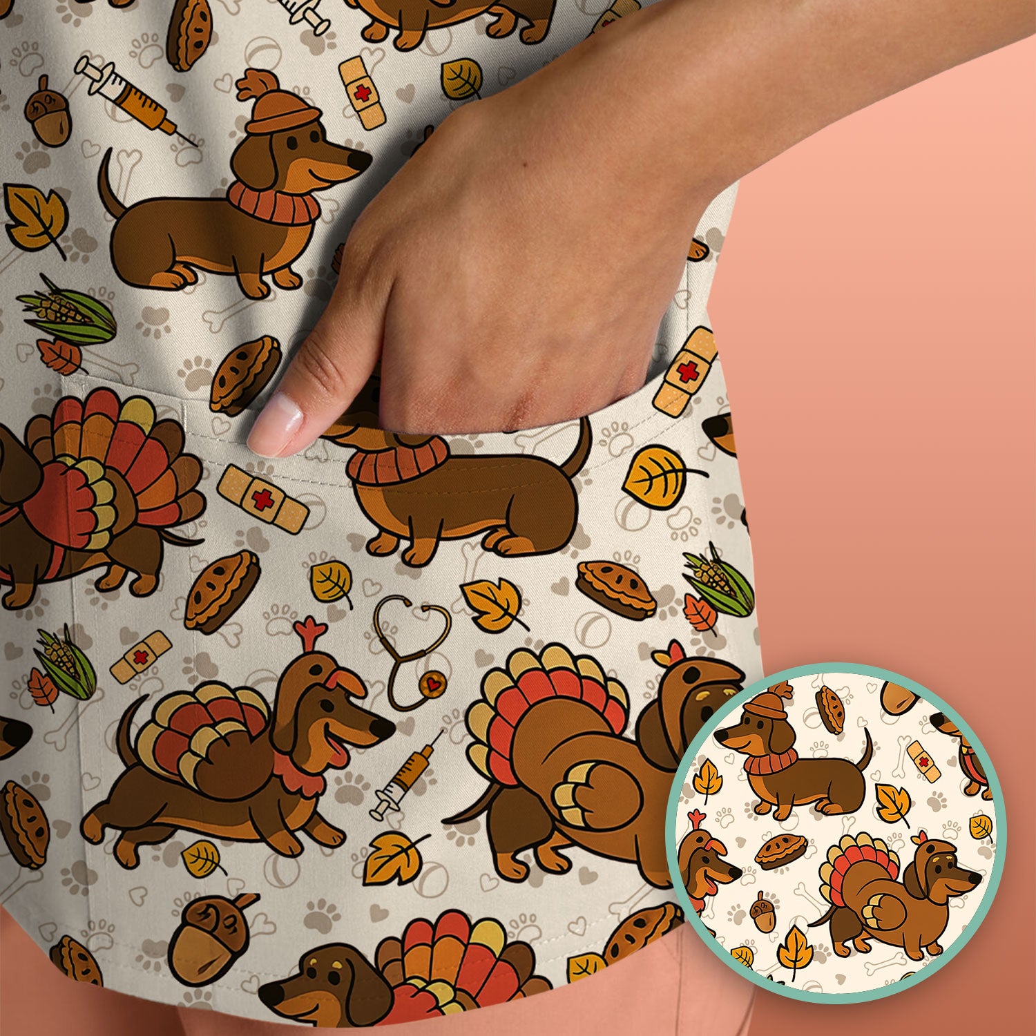 Thanksgiving Wiener Dog Scrub Top - Funny Dachshund TurkeChicken Nurse Shirt for Women - Cute Holiday Medical Uniform