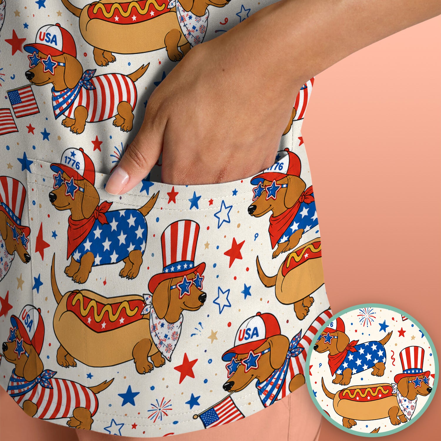 Patriotic Dachshund Fourth Of July Scrub Top, Comfortable Scrubs for Nurses