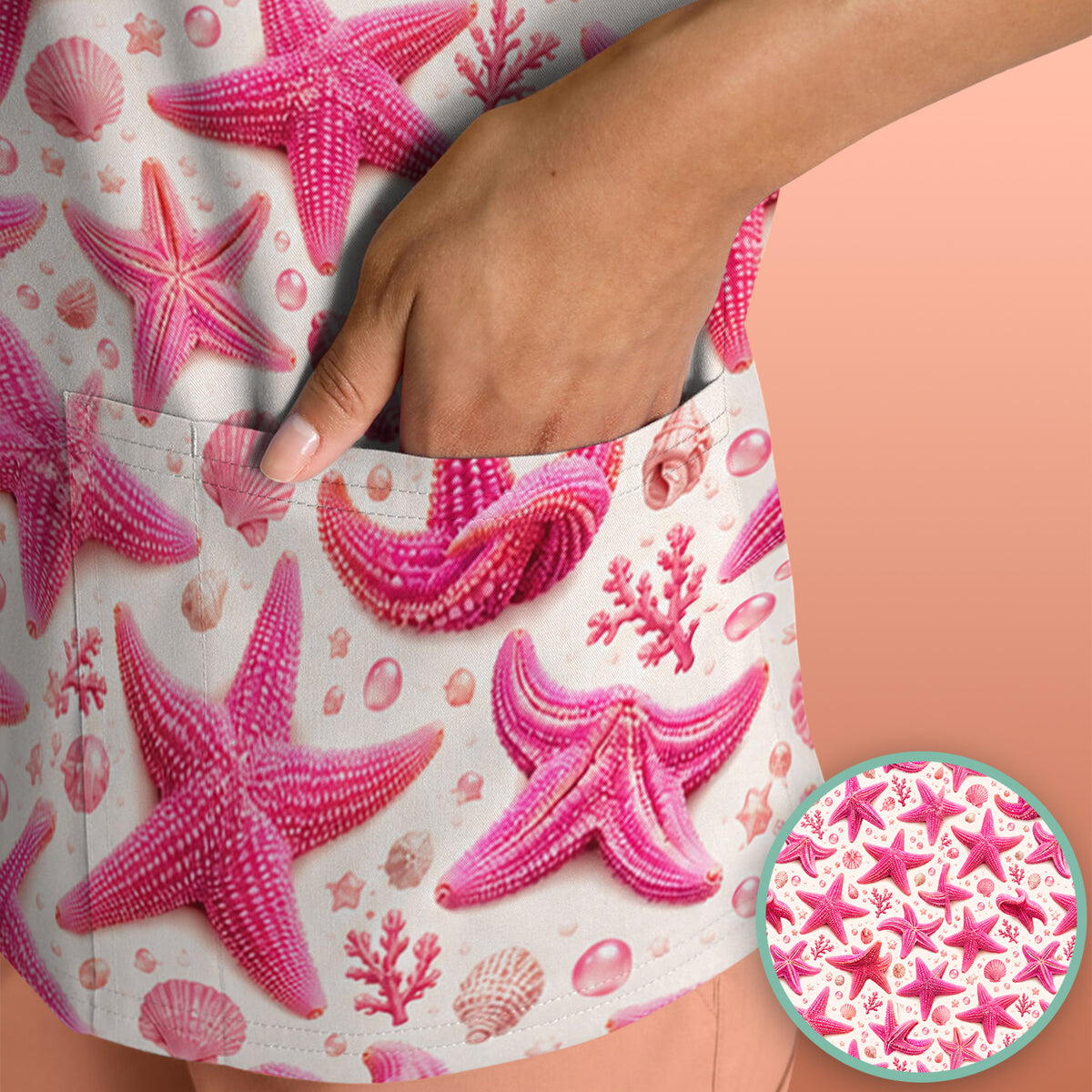 Pink Starfish And Seashell Pattern Scrub Top, Comfortable Scrubs for Nurses