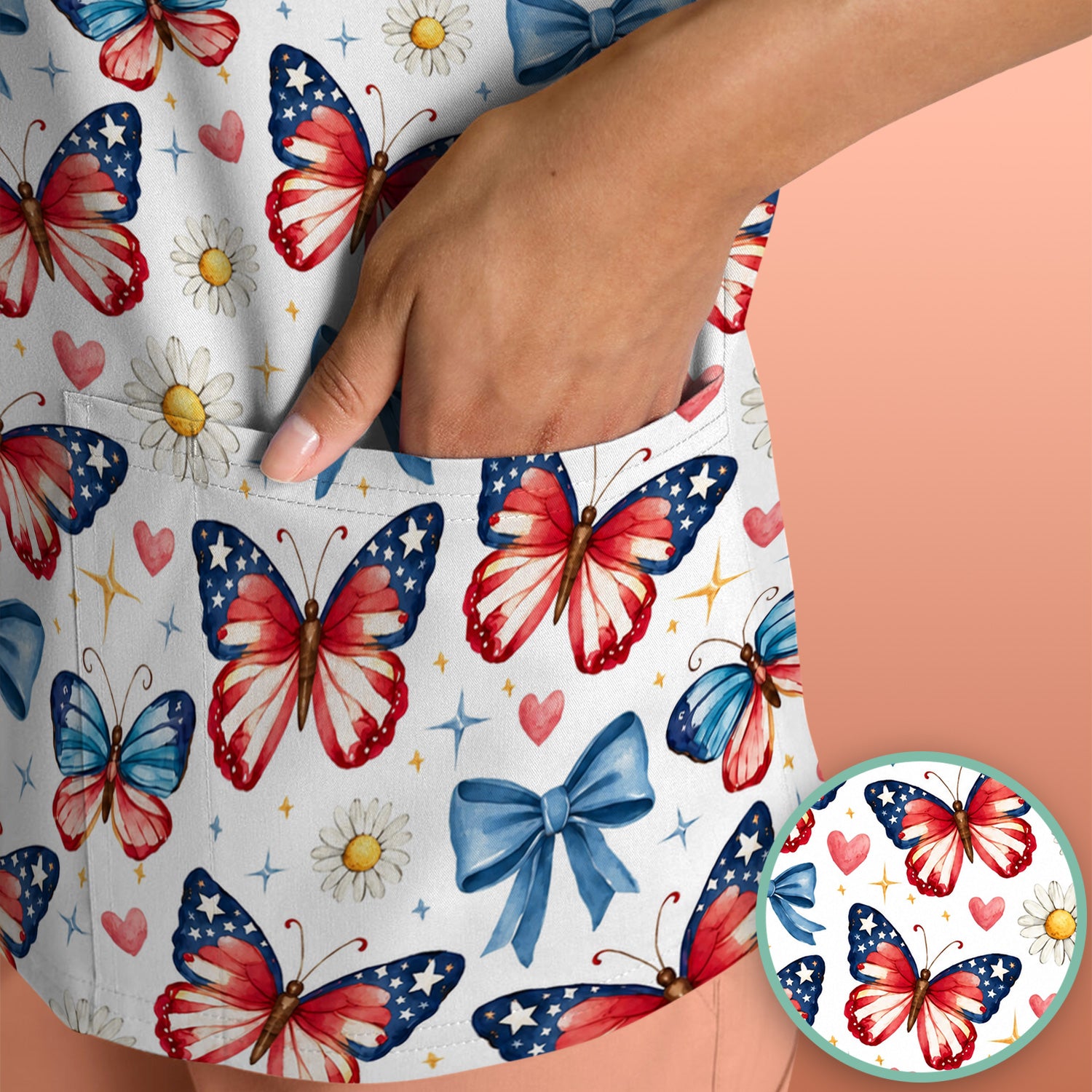 Patriotic Butterfly Bow Daisy Pattern Scrub Top, Comfortable Scrubs for Nurses
