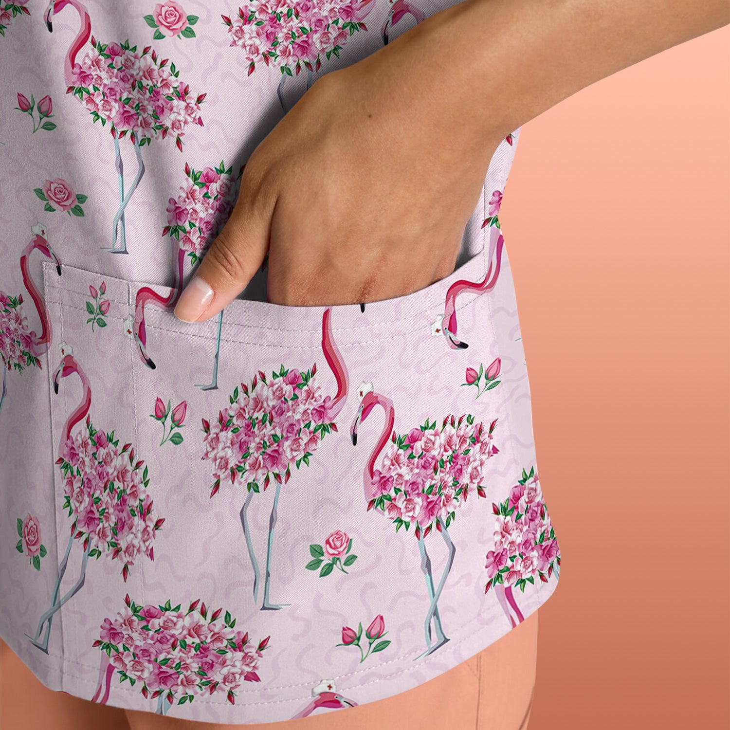 Pink Flamingo Floral Pattern Scrub Top, Comfortable Scrubs for Nurses