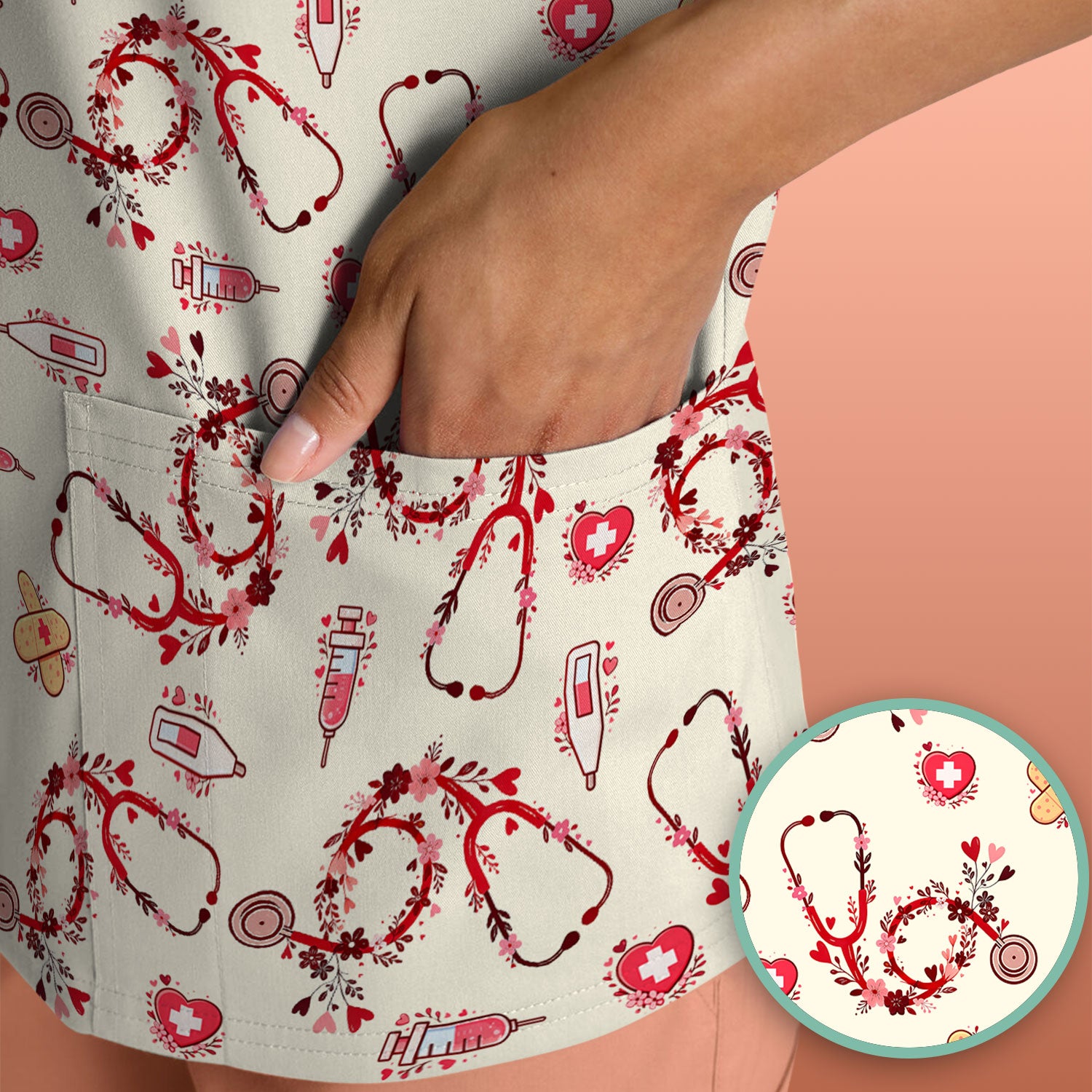 Heart Stethoscope Medical Pattern Scrub Top, Breathable Fabrics Nursing Uniform