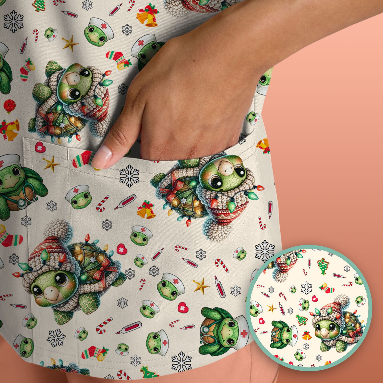 Christmas Turtle Scrub Top - Cute Funny Nurse Shirt - Holiday Medical Uniform for Women RN LPN CNA Gift Idea