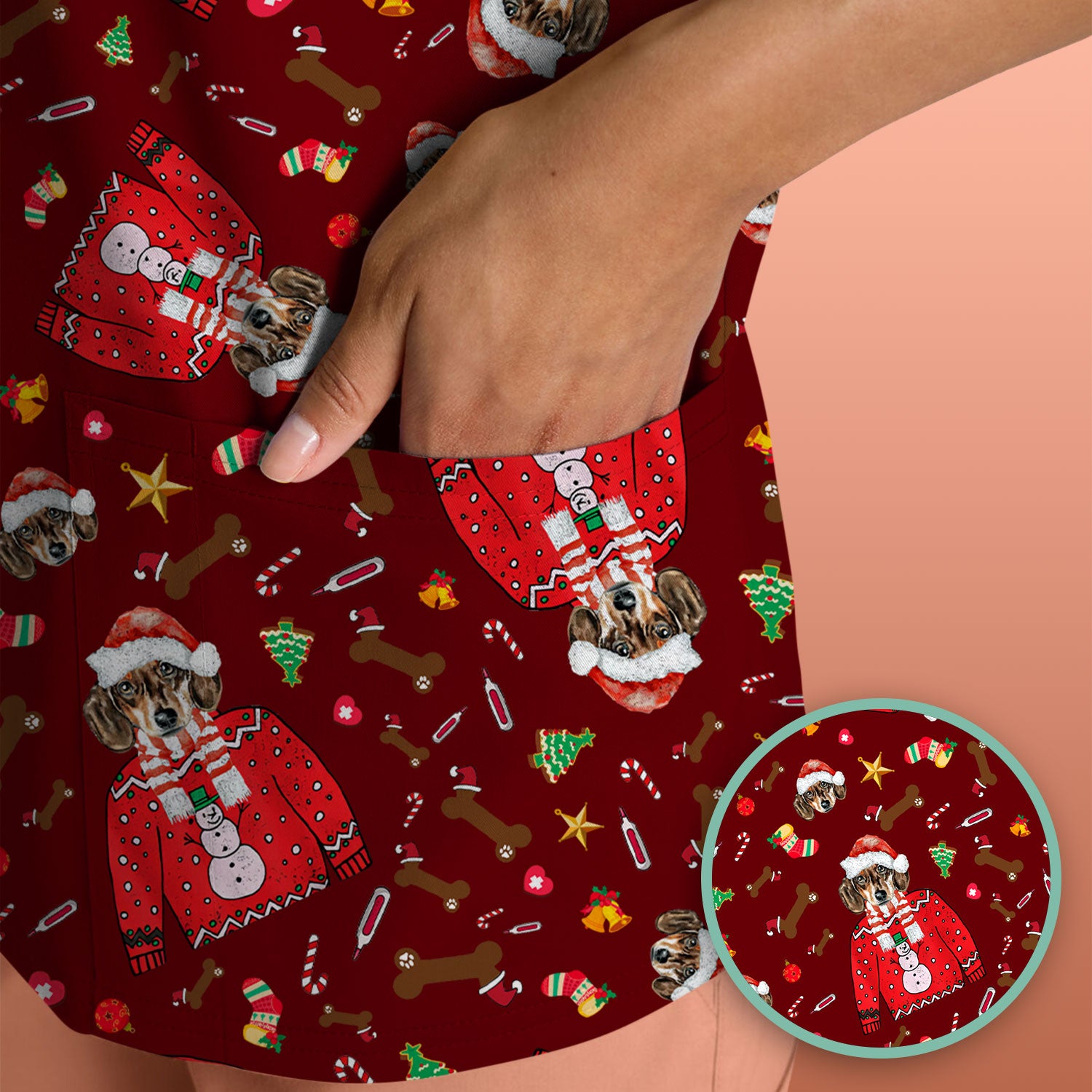 Funny Dog Christmas Scrub Top – Cute Puppy in Santa Outfit Pattern – Festive Holiday Medical Uniform For Nurses And Pet Lovers